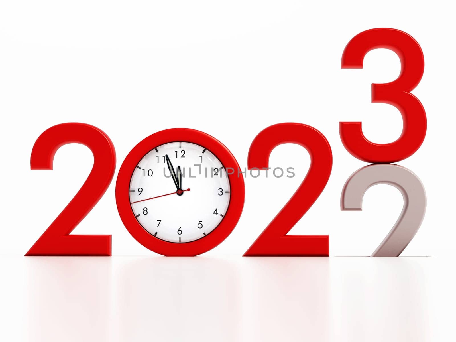 2022 with a clock pointing to 12 o'clock changing to the new year 2023. 3D illustration.