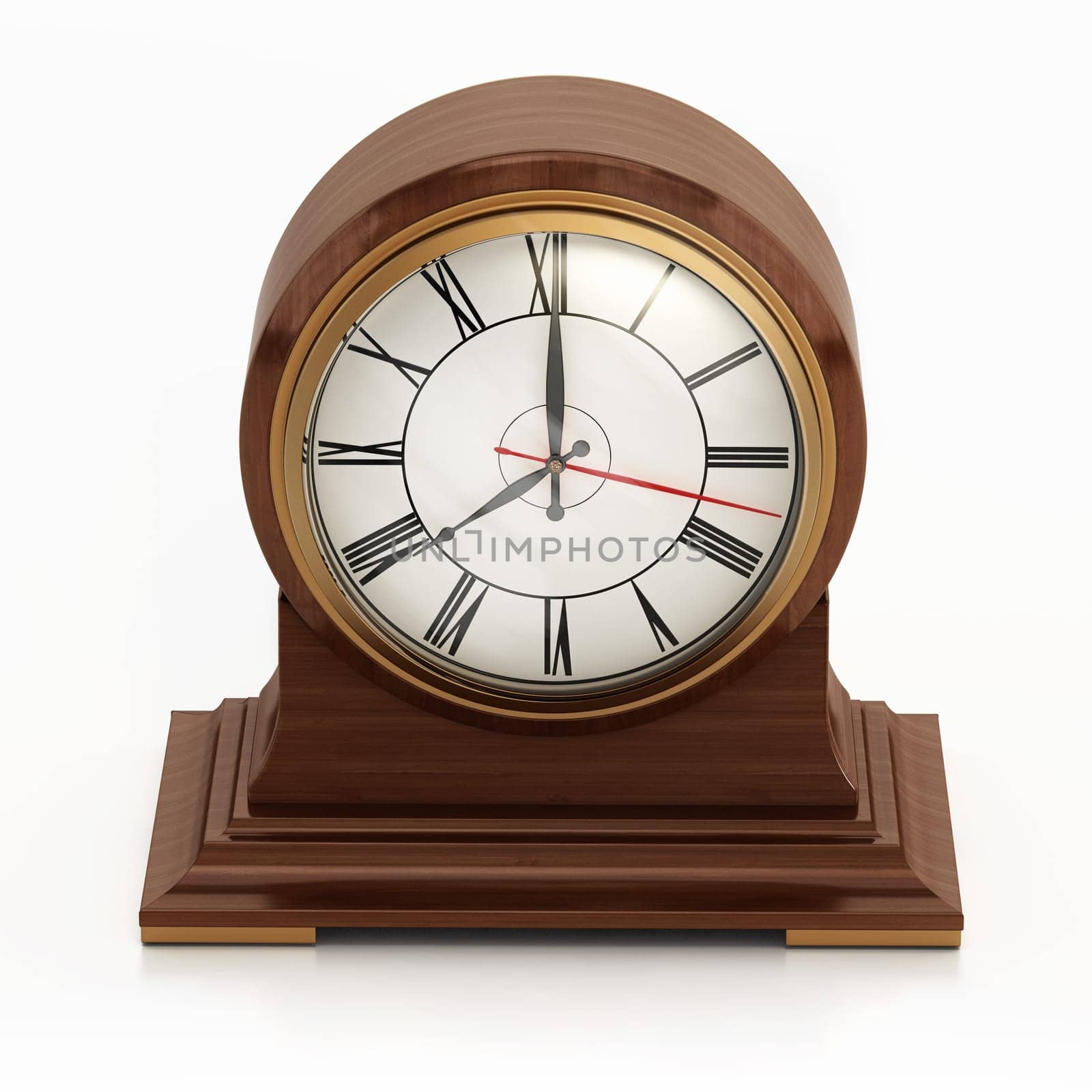 Vintage decorative table clock isolated on white background. 3D illustration.