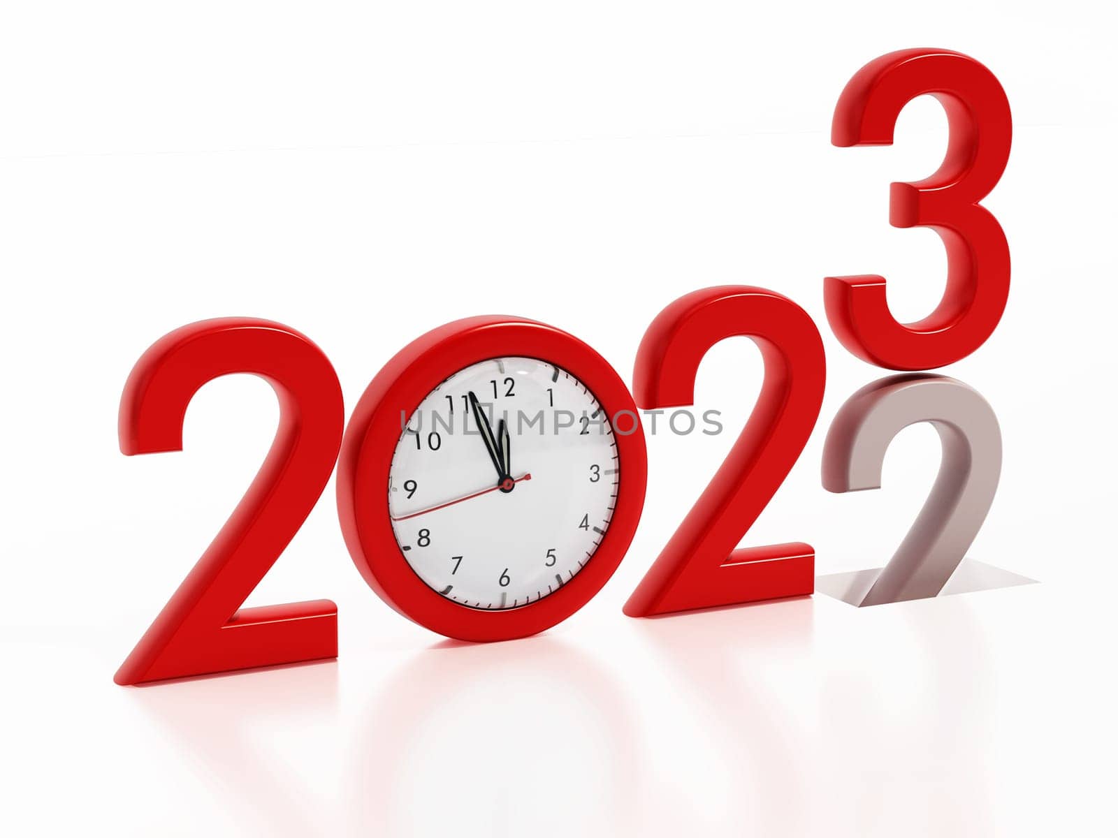 2022 with a clock pointing to 12 o'clock changing to the new year 2023. 3D illustration.