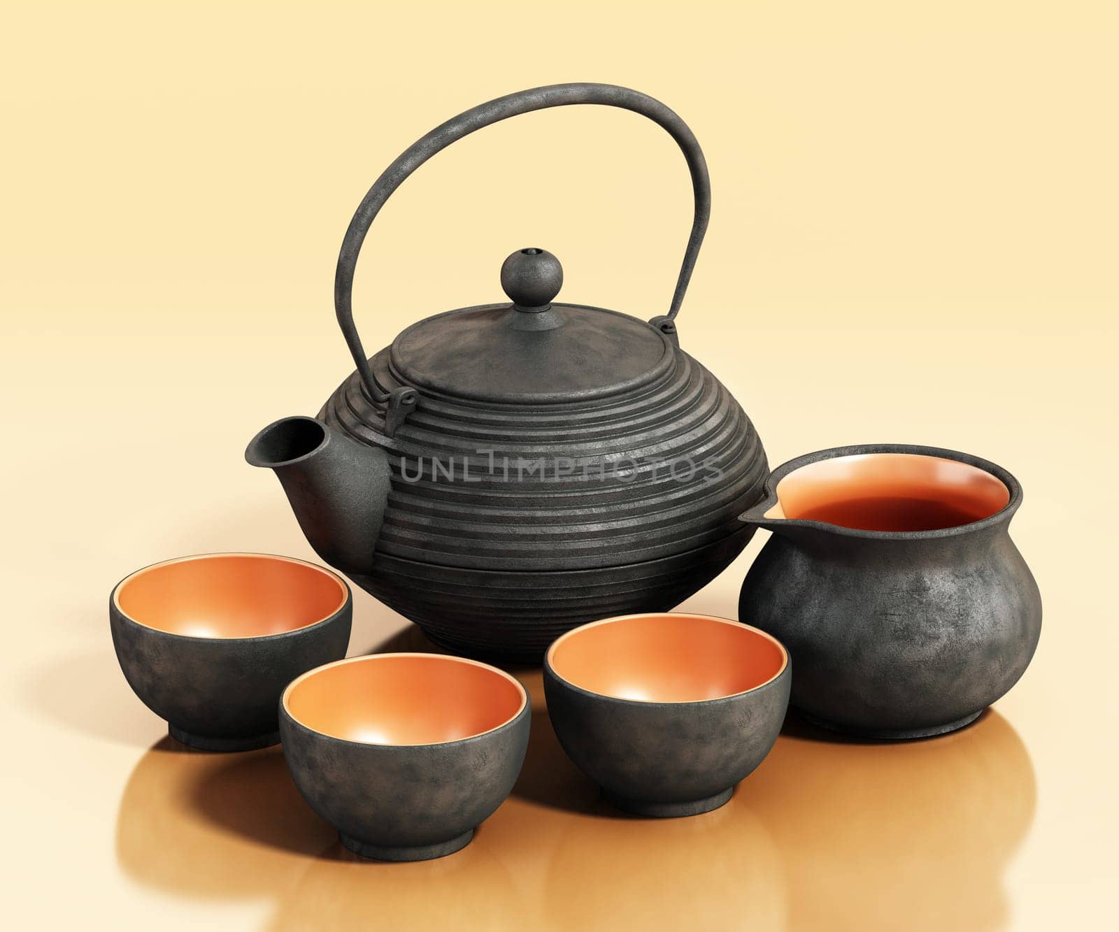 Vintage Chinese teapot and teacups. 3D illustration.
