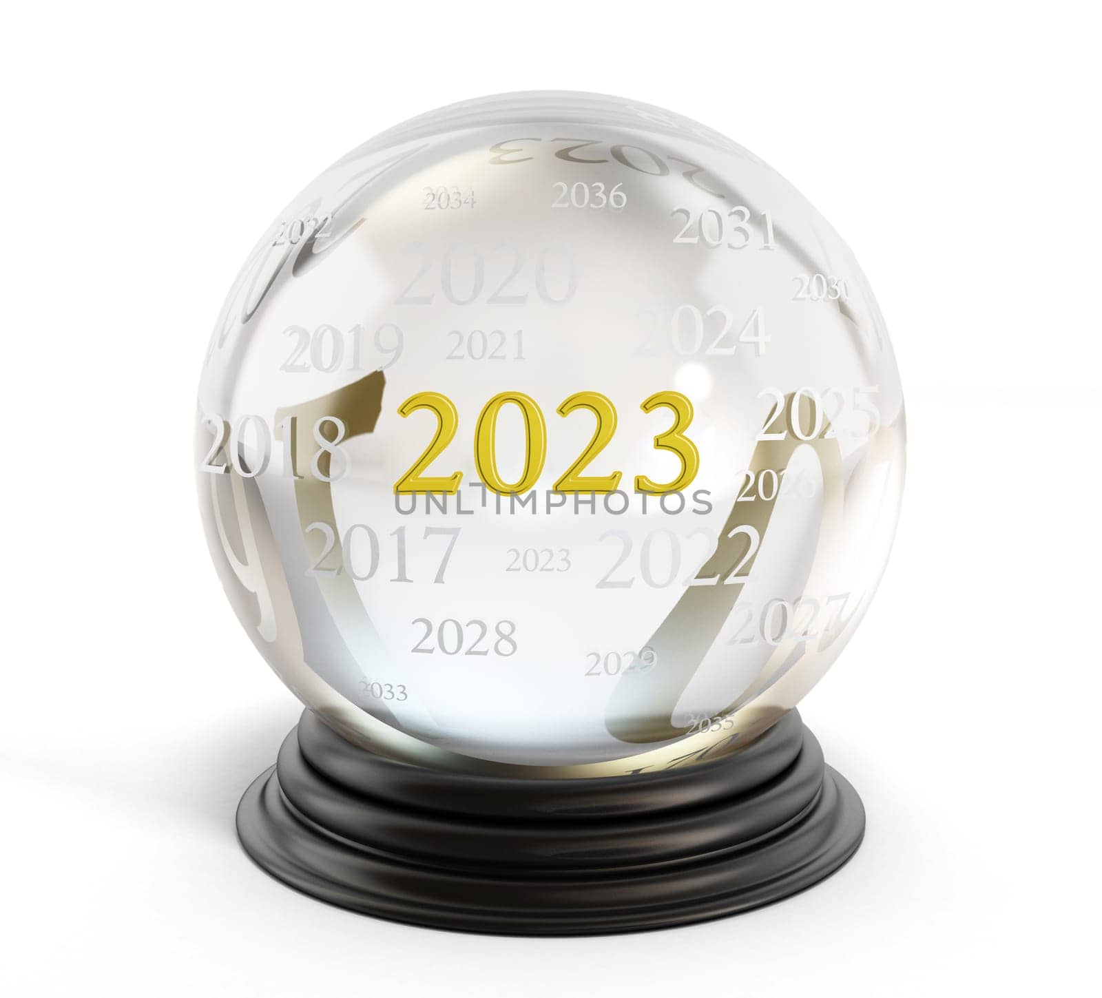 New year 2023 on crystal ball isolated on white background. 3D illustration.