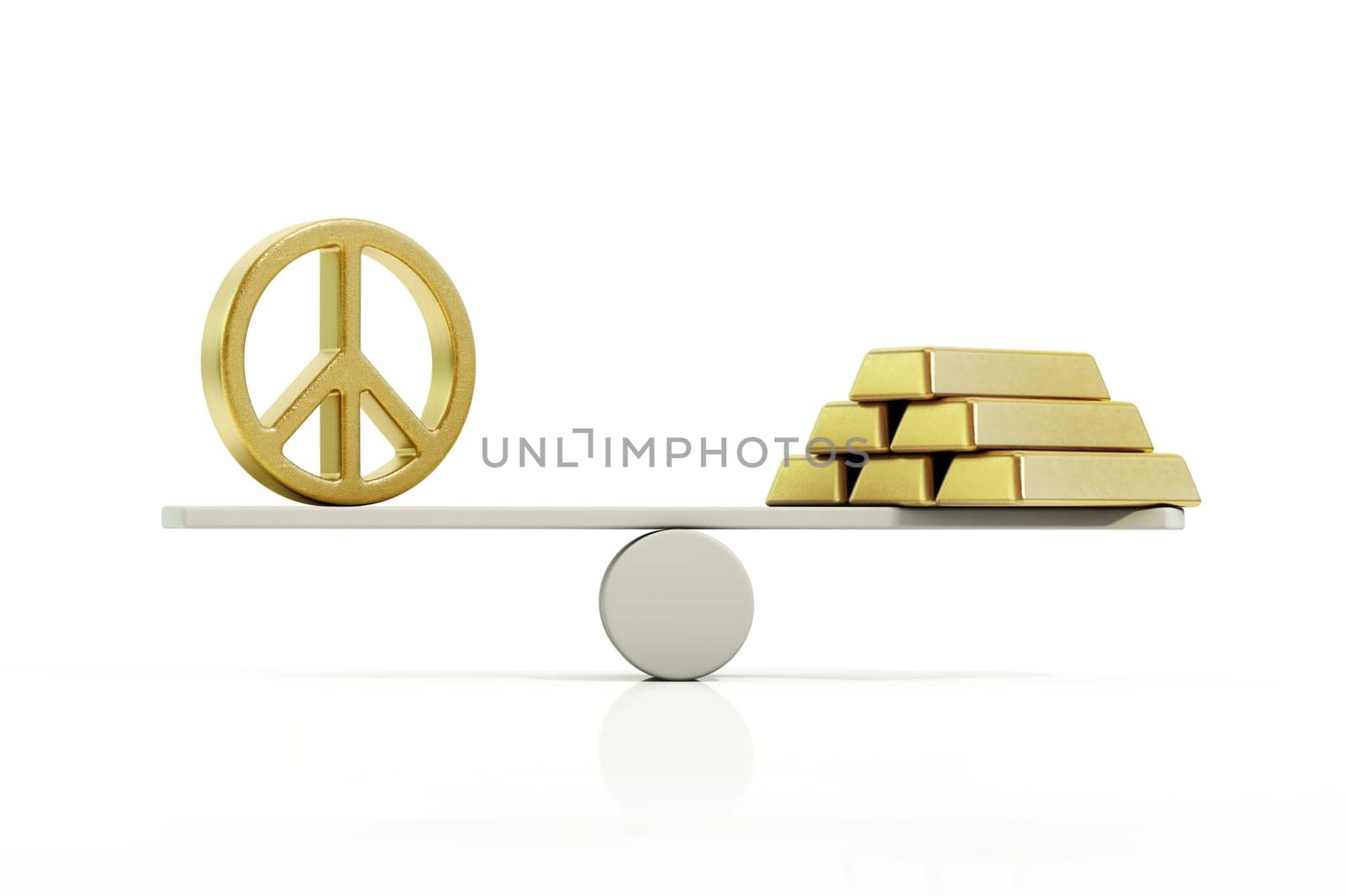 Peace symbol and gold ingots standing in balance on the two sides of the seesaw. 3D illustration.