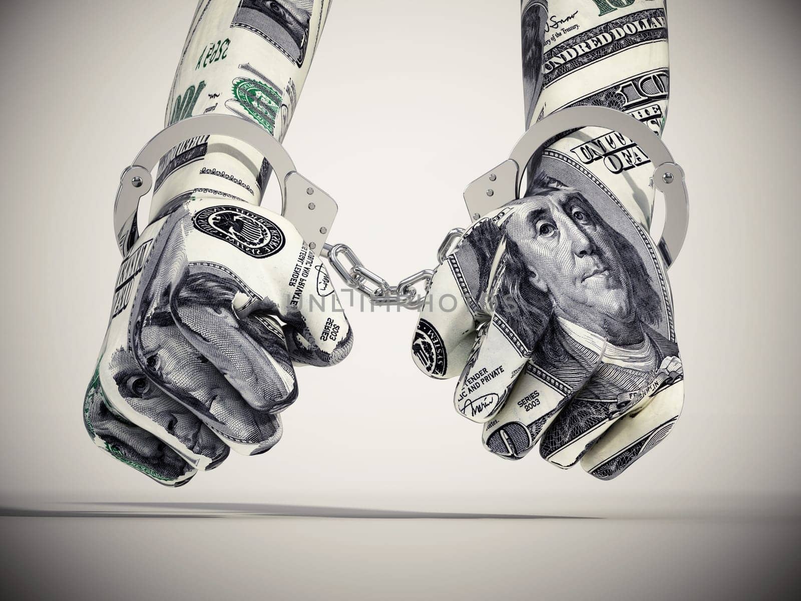 Handcuffed hands with dollar texture. 3D illustration.