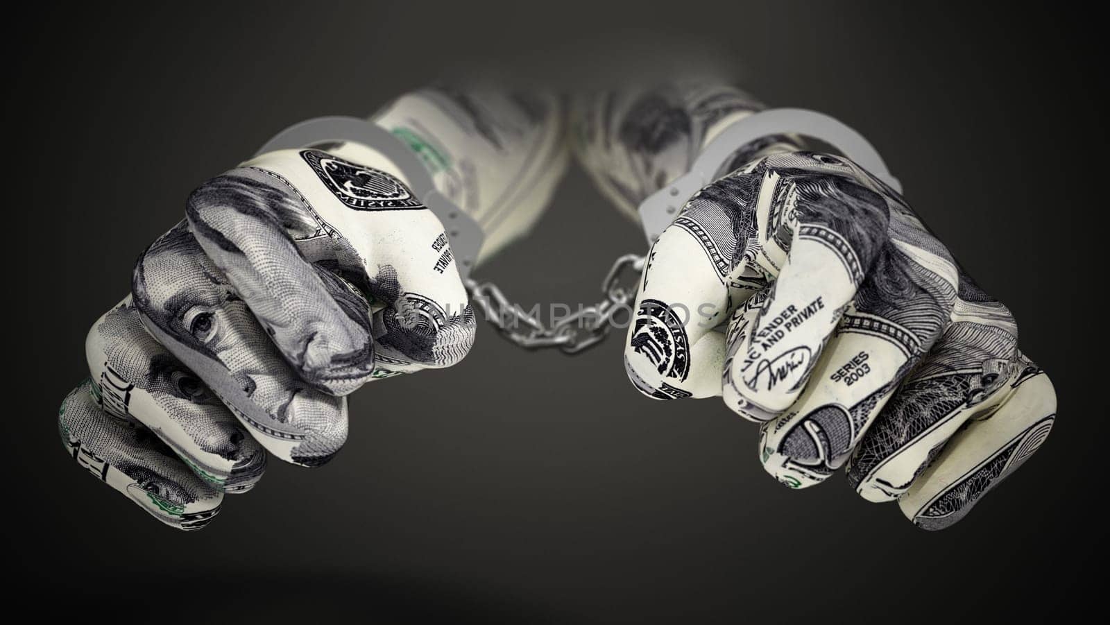 Handcuffed hands with dollar texture. 3D illustration.
