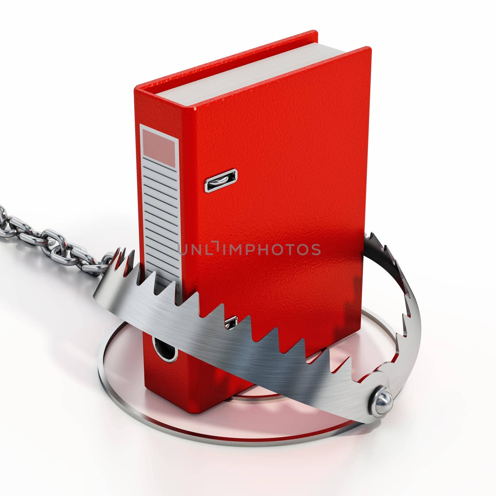 Red folder inside bear trap. 3D illustration.