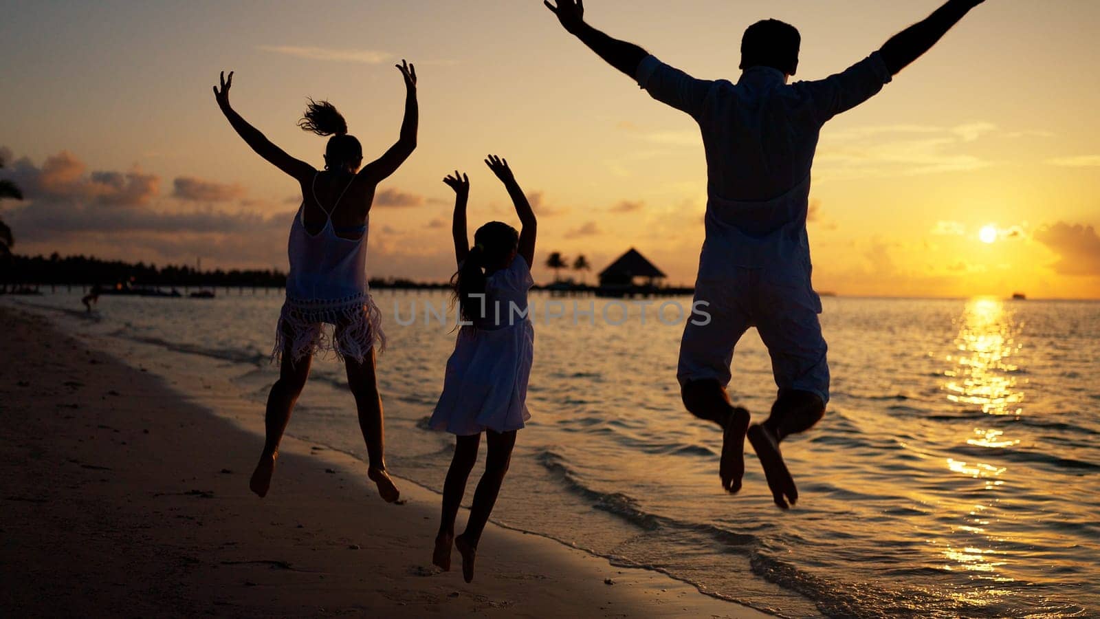 Happy Family Beach Fun In Summer In Sunset. Happy Tropical Travel