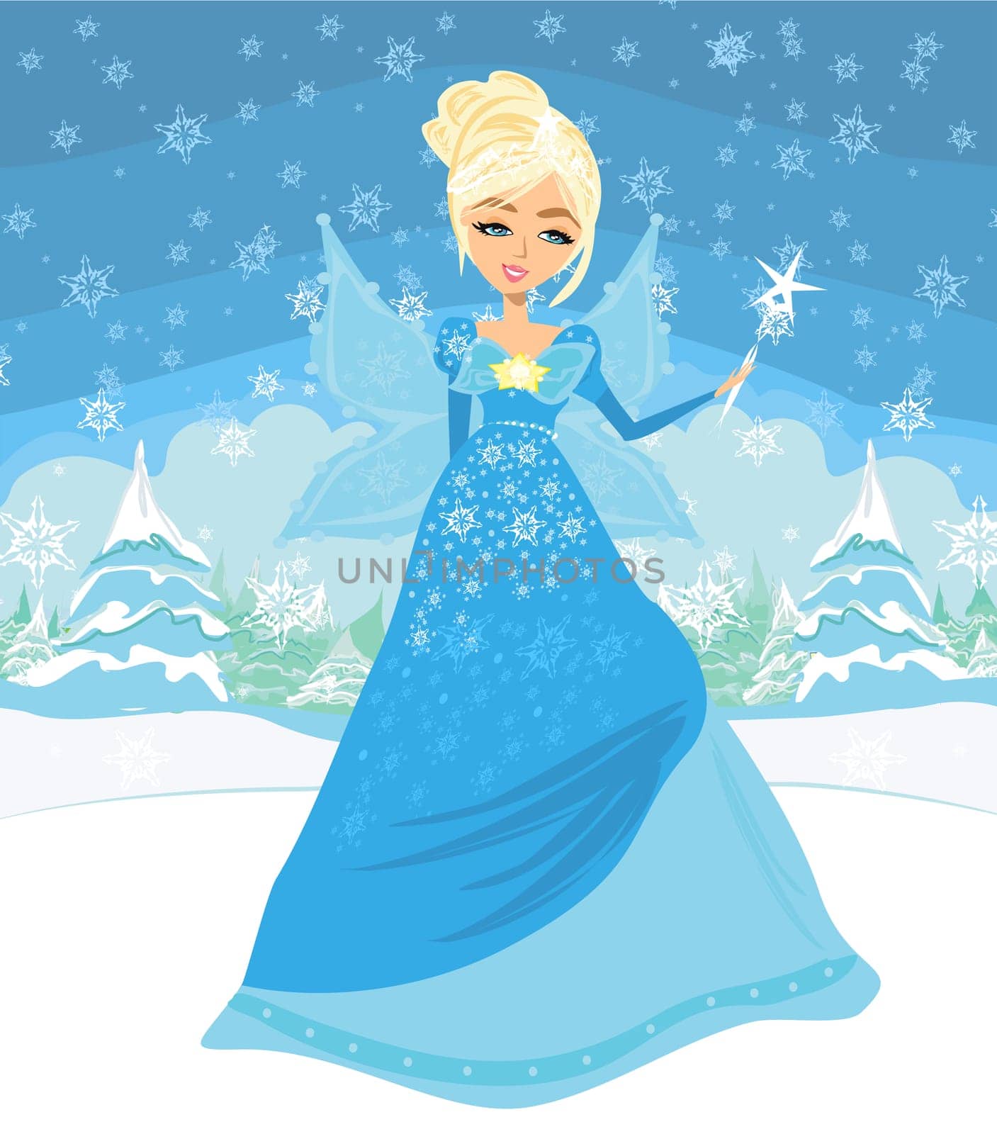 Beautiful winter fairy with magic wand