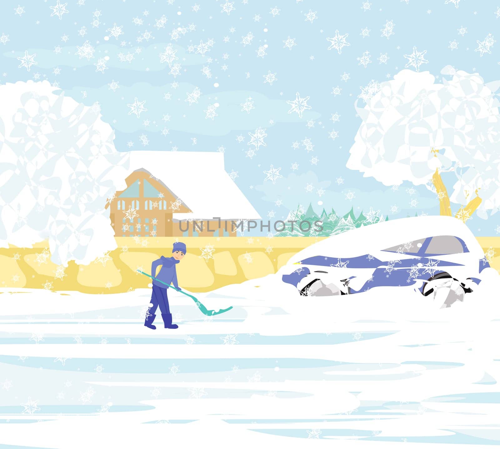 Man shoveling snow on winter landscape