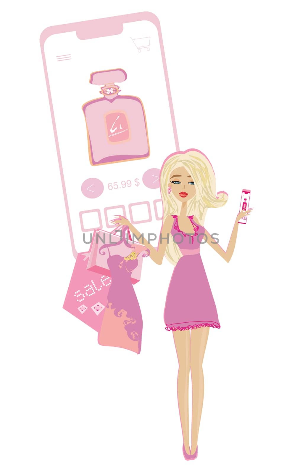 beautiful elegant girl shopping online by phone, isolated on white