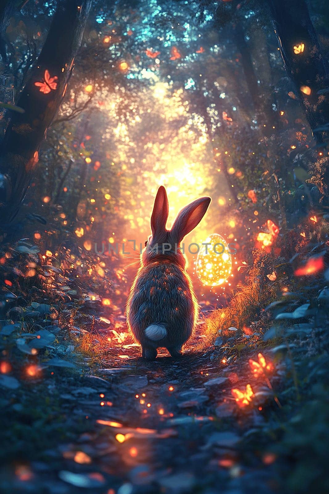 A rear view of a rabbit running through a magical forest.