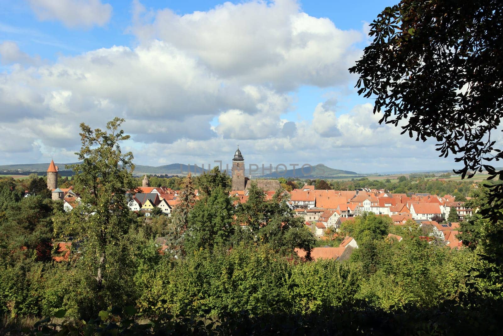 Blick vom Burgberg auf die historische Altstadt von Grebenstein mit der evangelischen Liebfrauenkirche, Deutschland, Hessen