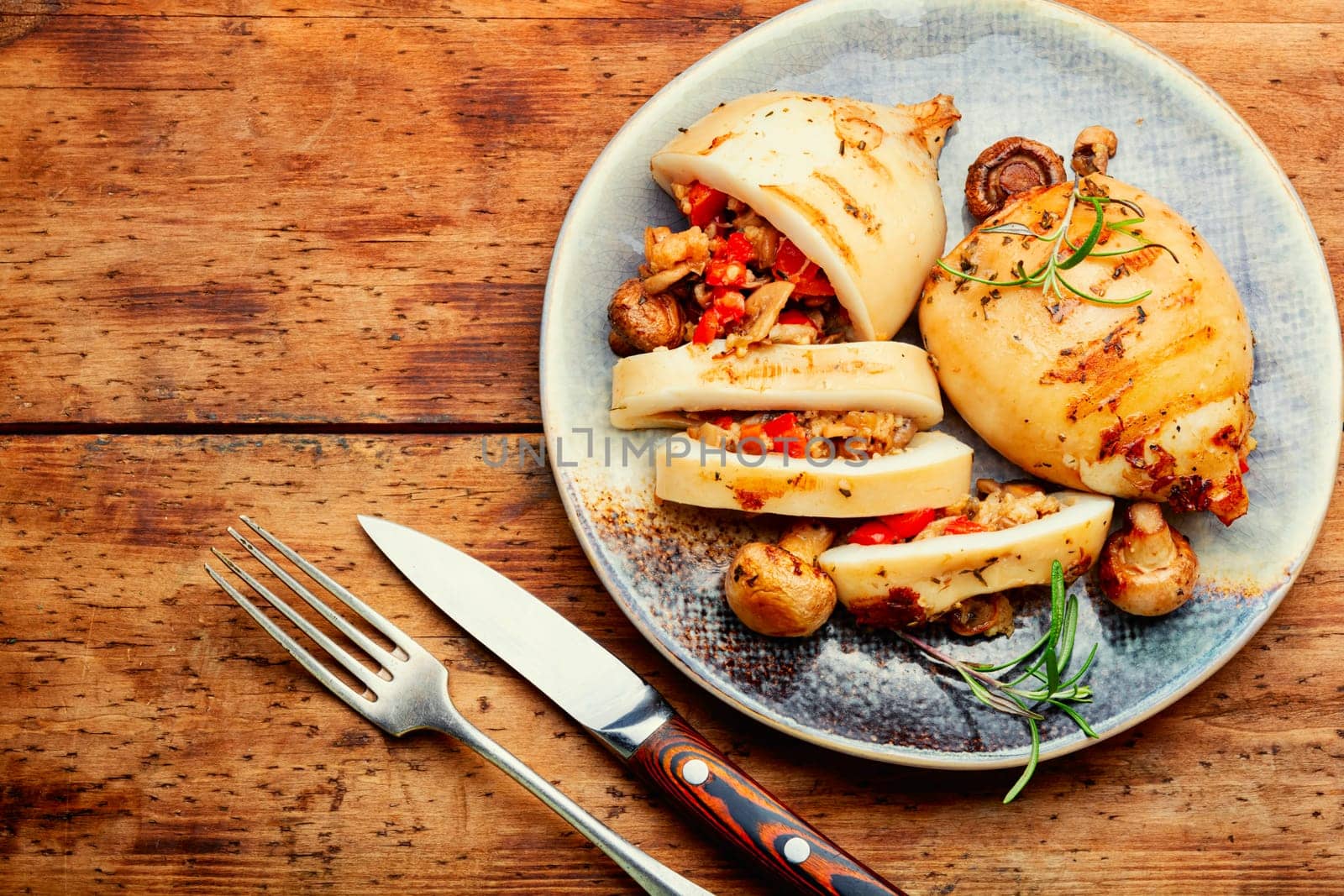 Grilled squids with vegetable stuffing. Stuffed calamari in grill pan