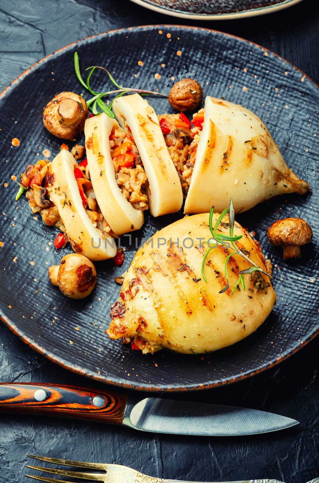 Grilled squids with vegetable stuffing. Stuffed calamari in grill pan