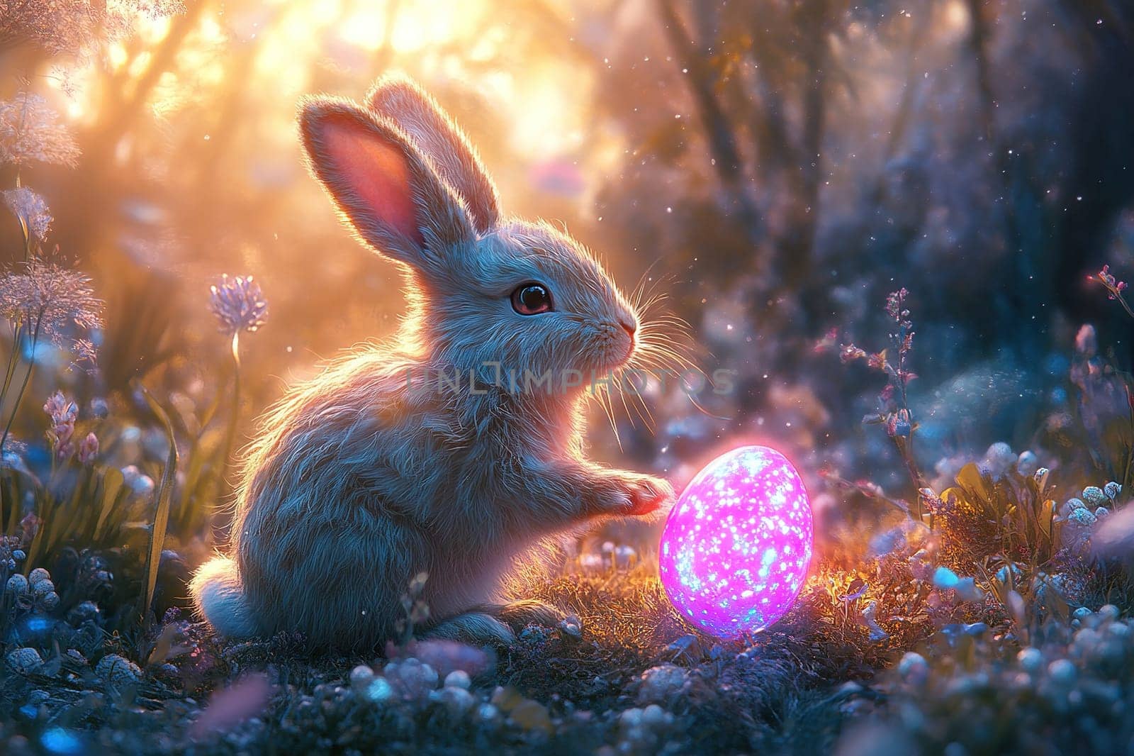 Fantasy rabbit runs through a magical forest after a magical neon egg