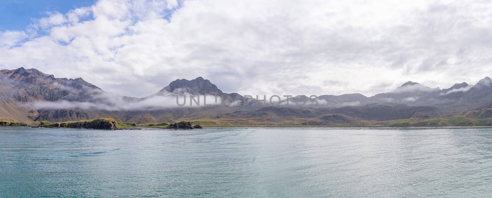 Panorama view from the sea (Cumberland West Bay) to South Georgia towards Lagoon Point - Jason Harbour