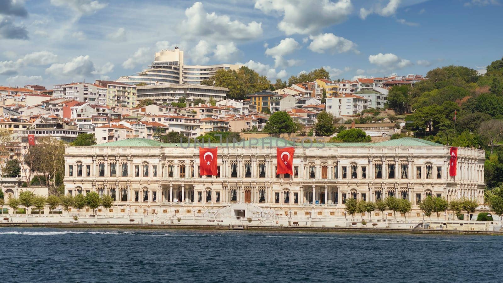 Ciragan Palace, or Ciragan Sarayi, a former Ottoman palace, located by the European side of Bosphorus Strait, in Besiktas district of Istanbul, Turkey