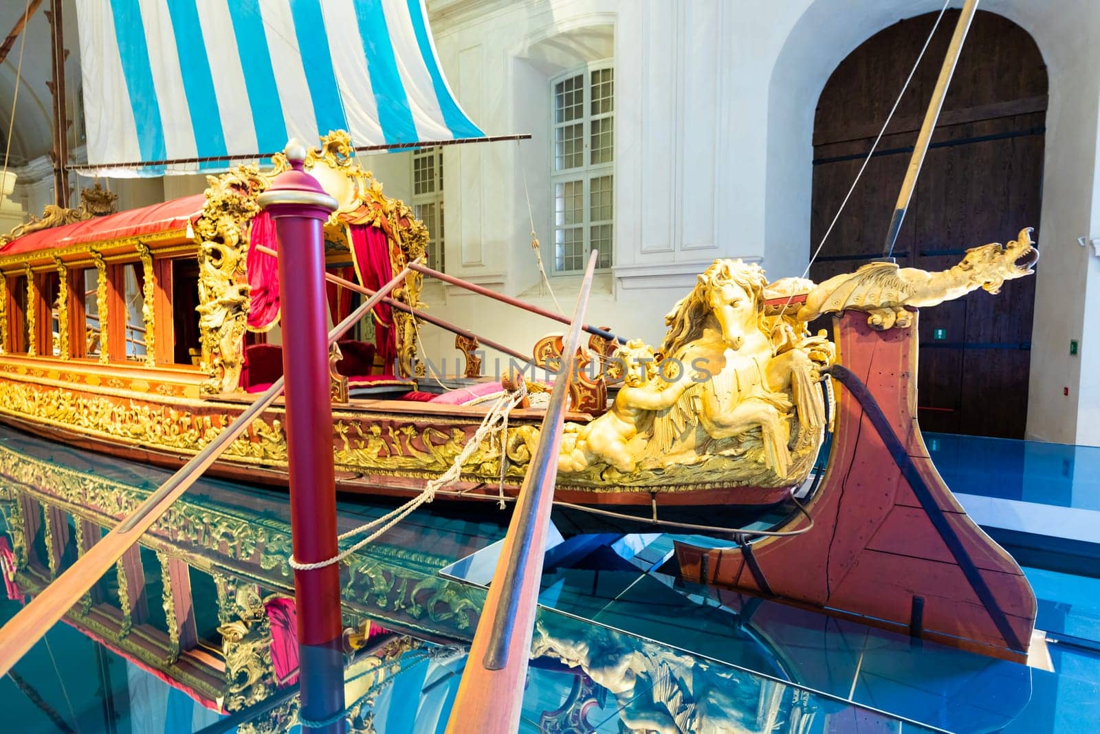 VENARIA REALE, ITALY - CIRCA MAY 2021: the Bucentaur (Bucintoro, 1729). Antique Royal ship of Savoia family.