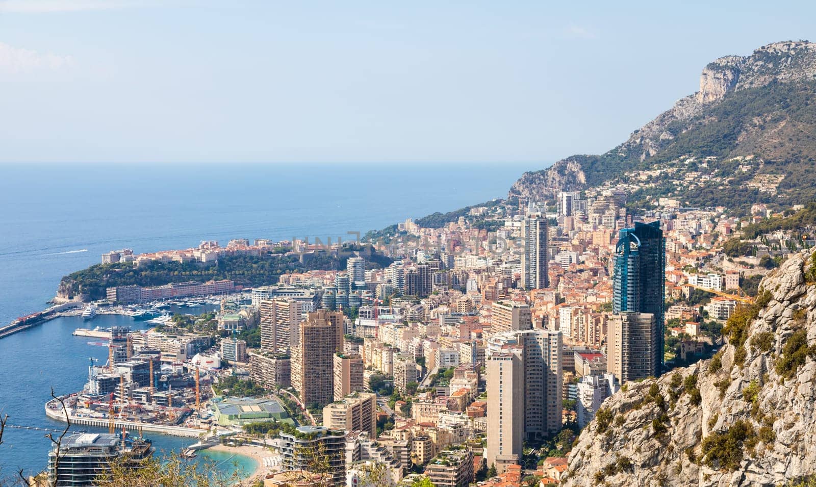 Monte Carlo - August 2022: panoramic view of the city. Monaco port and skyline.
