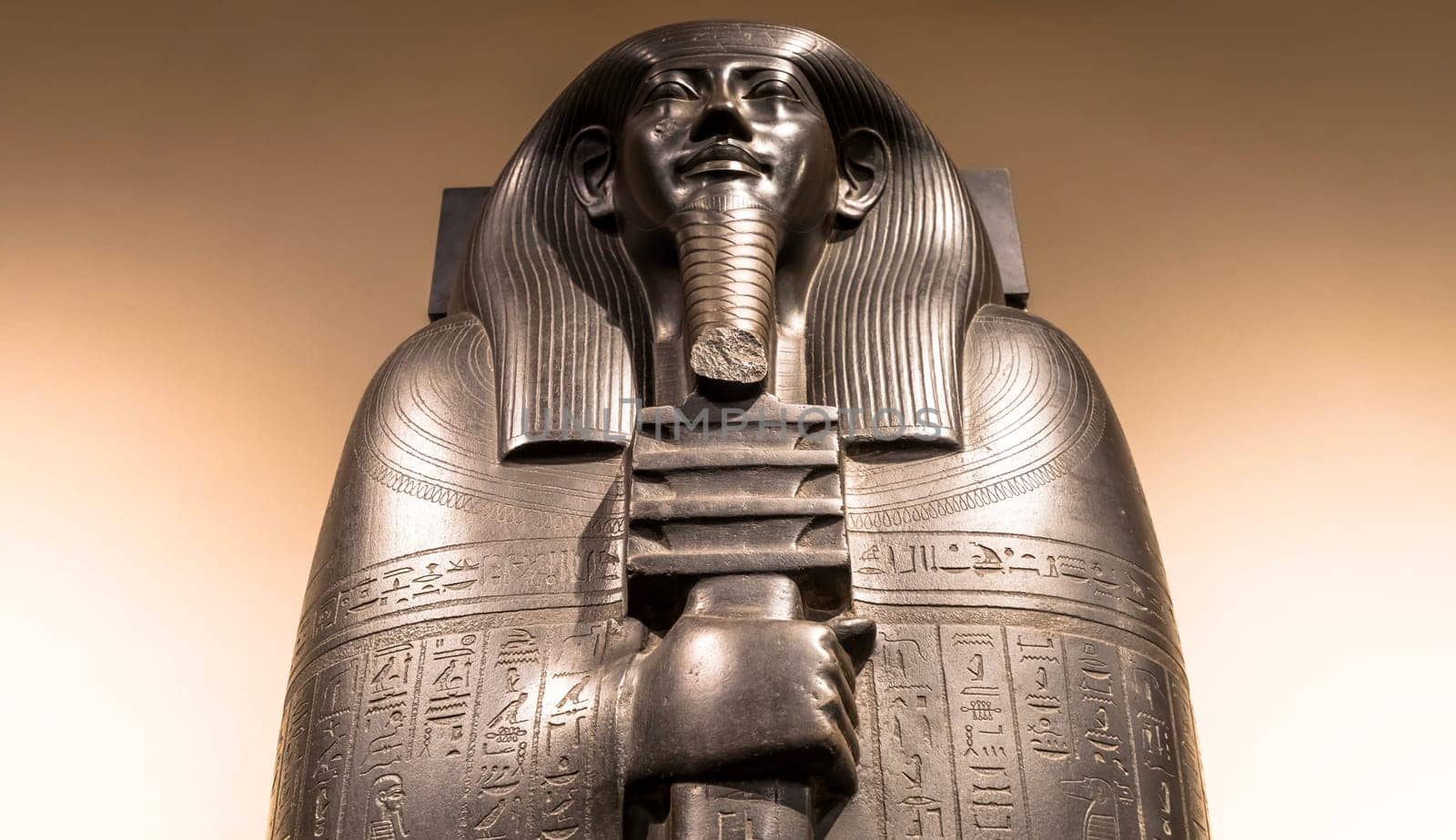 TURIN, ITALY - CIRCA MAY 2021: Egyptian sarchopagus with carved surface and hieroglyphic, 525 B.C.
