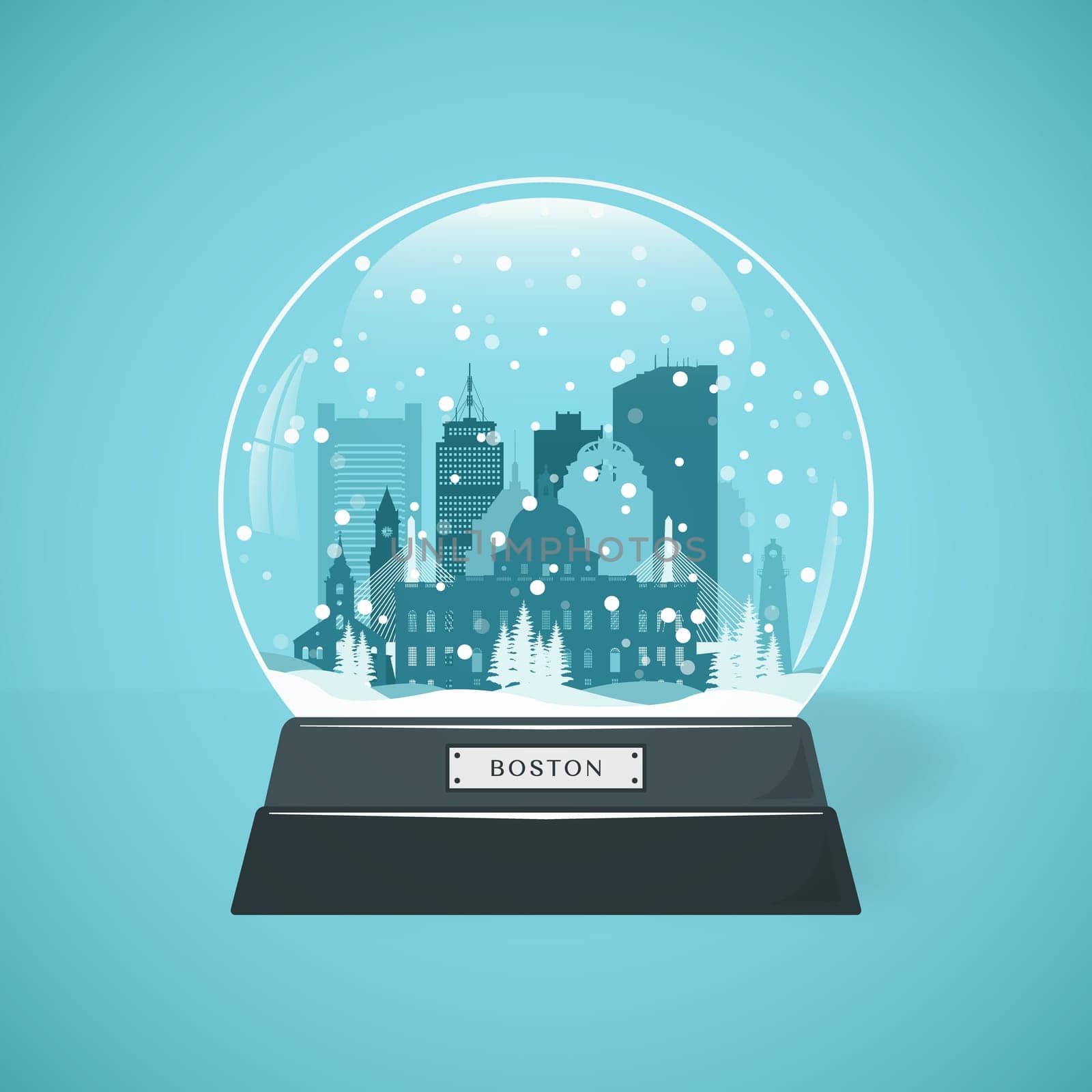 Boston City skyline snow globe. Merry Christmas and Happy New Year Boston. Vector illustration.