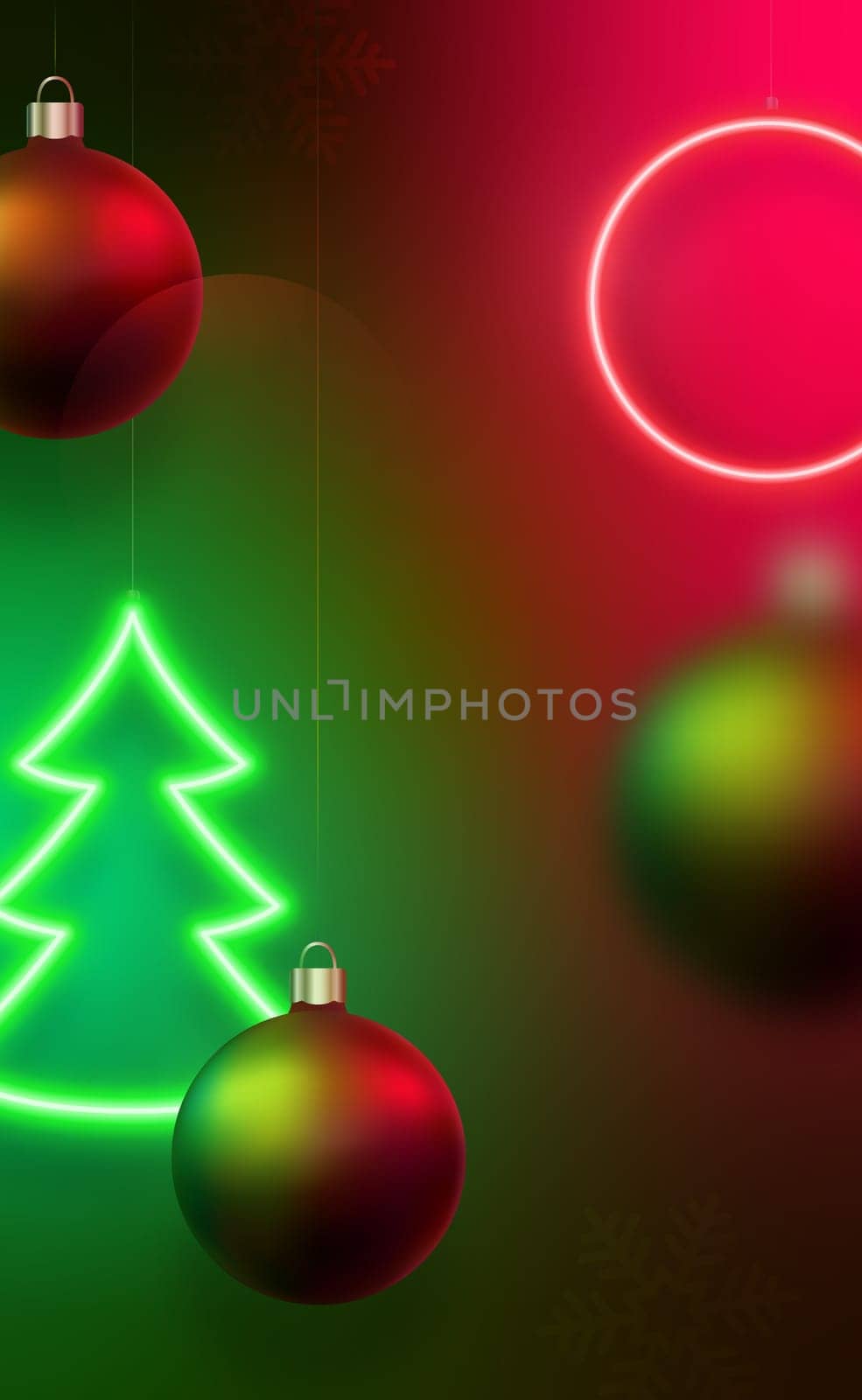 Festive Xmas vertical banner. Hanging Christmas balls reflecting bright glow of neon lamps. Motion blur effect. Green Christmas tree neon signboard.