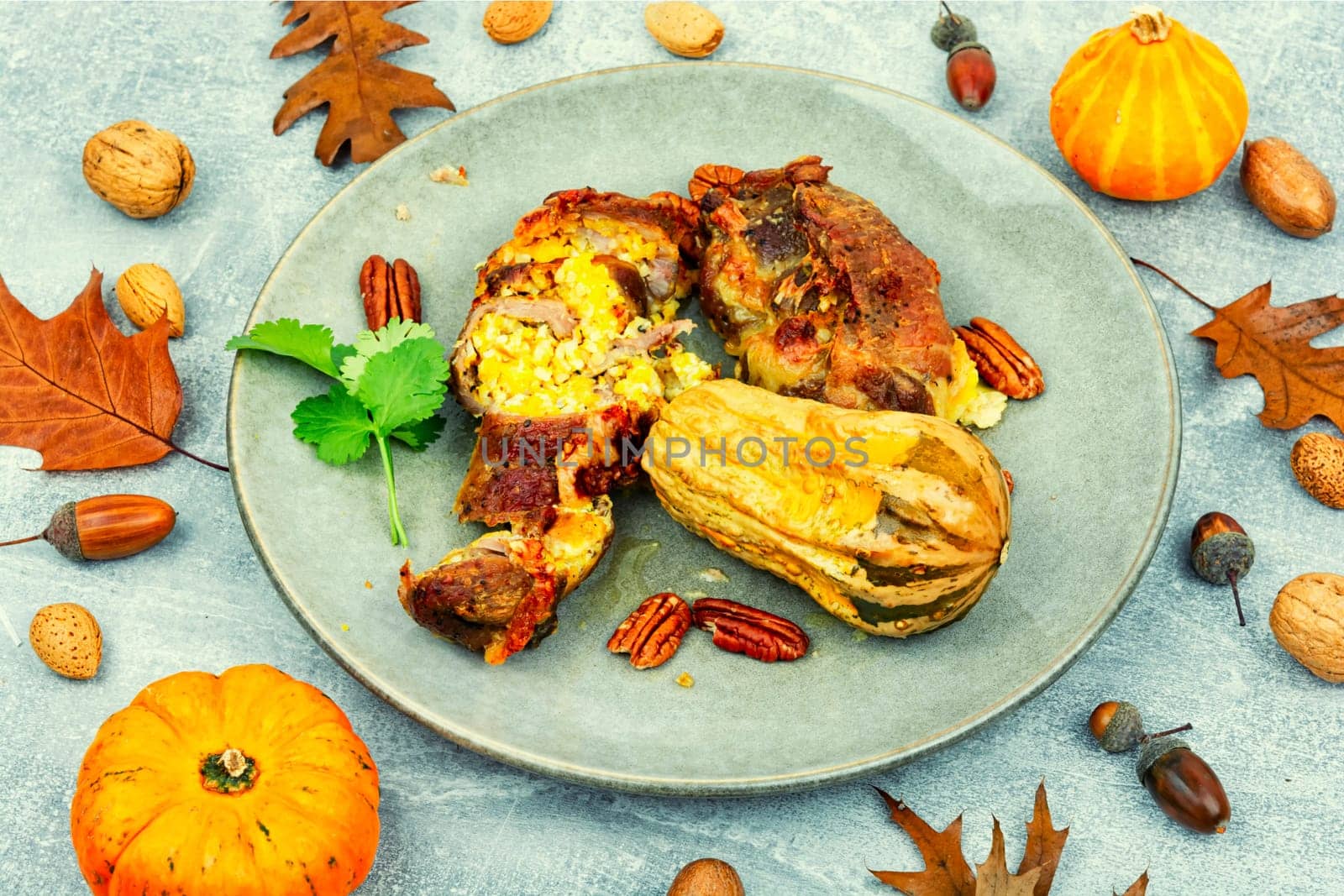 Tasty baked meat roulade stuffed with pumpkin in the oven dish. Autumn recipe.