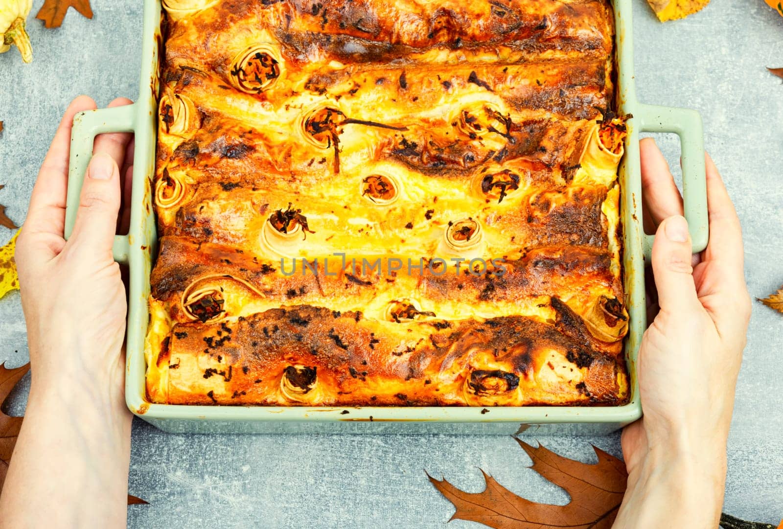 Autumn pie made from pumpkin, pita bread and cheese. Delicious seasonal pastries