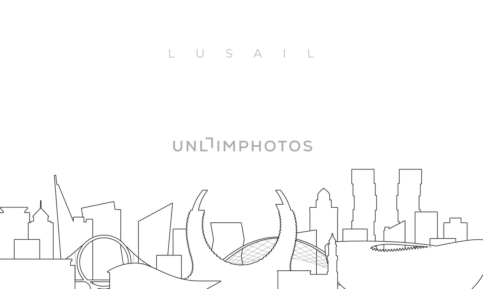 Outline Lusail skyline. Trendy template with Lusail buildings and landmarks in line style. Stock vector design.