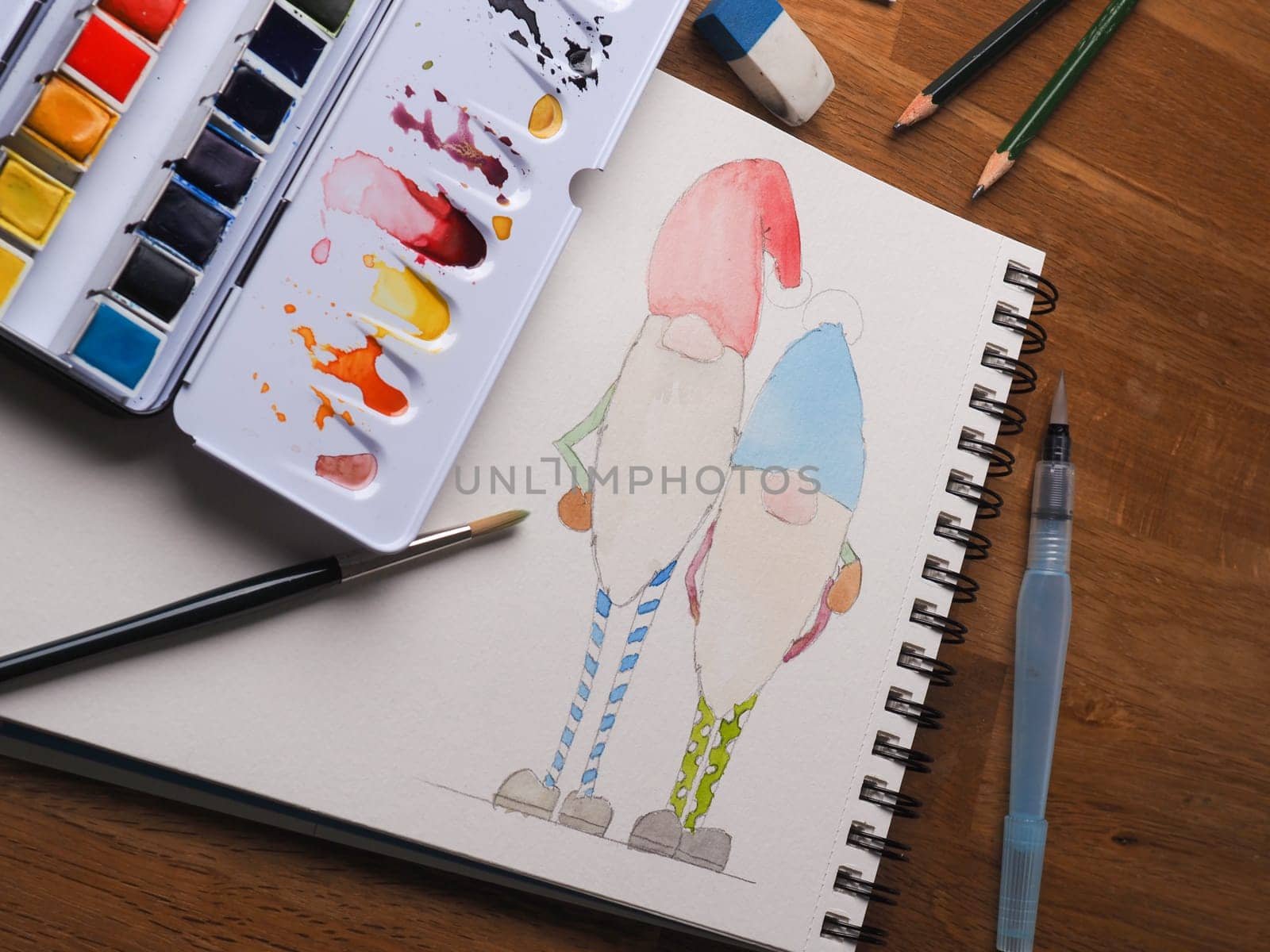 Two gnomes as watercolor drawing to use as Christmas card, hand made seasonal gift card