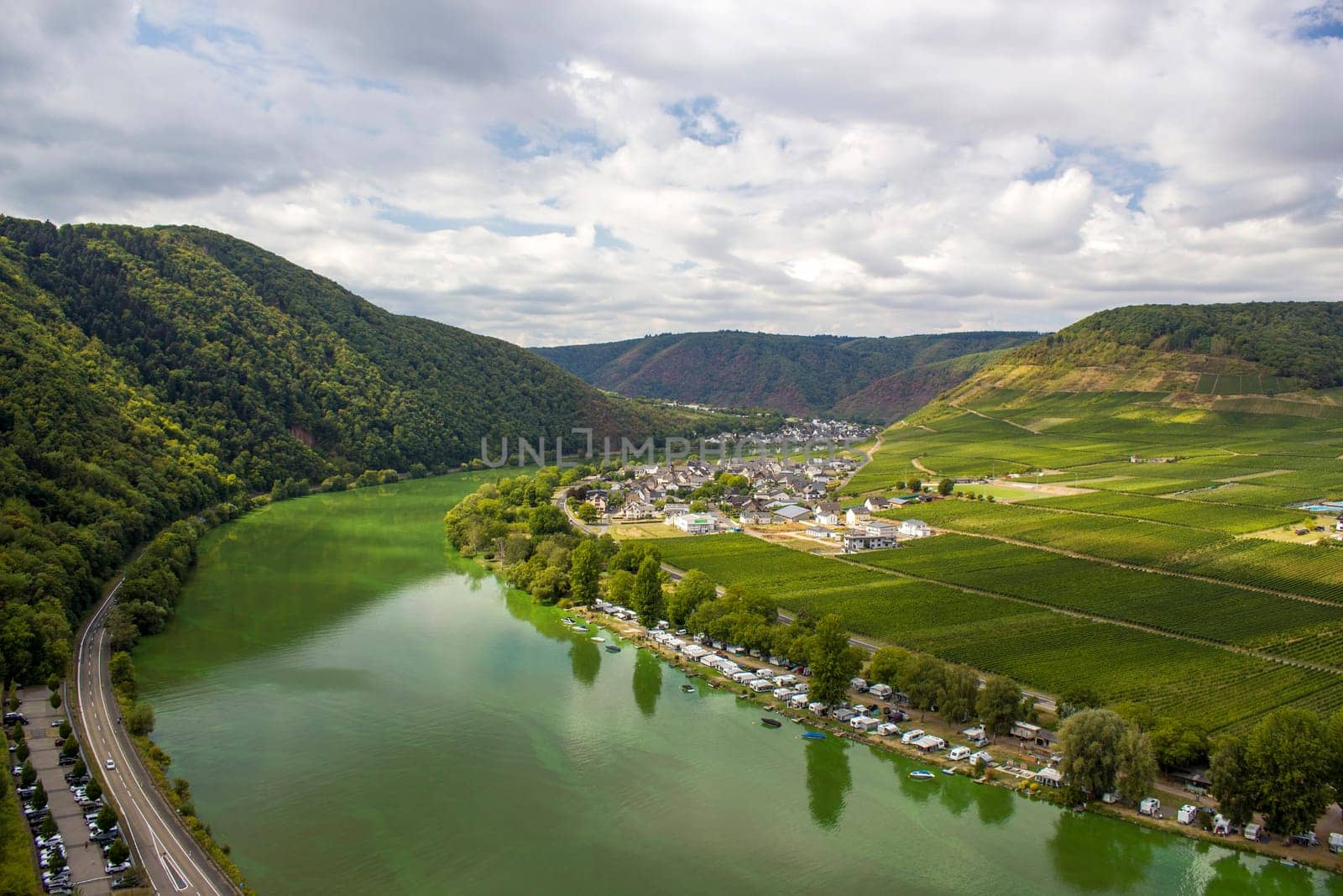 Aerial view of the Moselle valley with vineyards seen from castle Metternich in Beilstein, Rhineland-Palatinate, Germany.