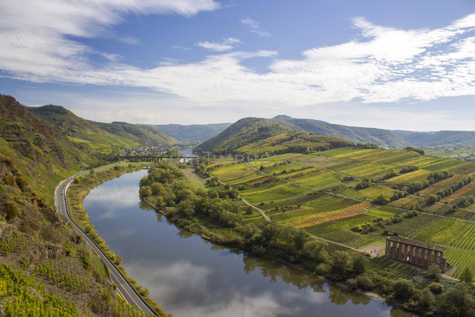 Moselle River in Germany, view of Calmont village and vineyards in the Mosel river valley, Germany