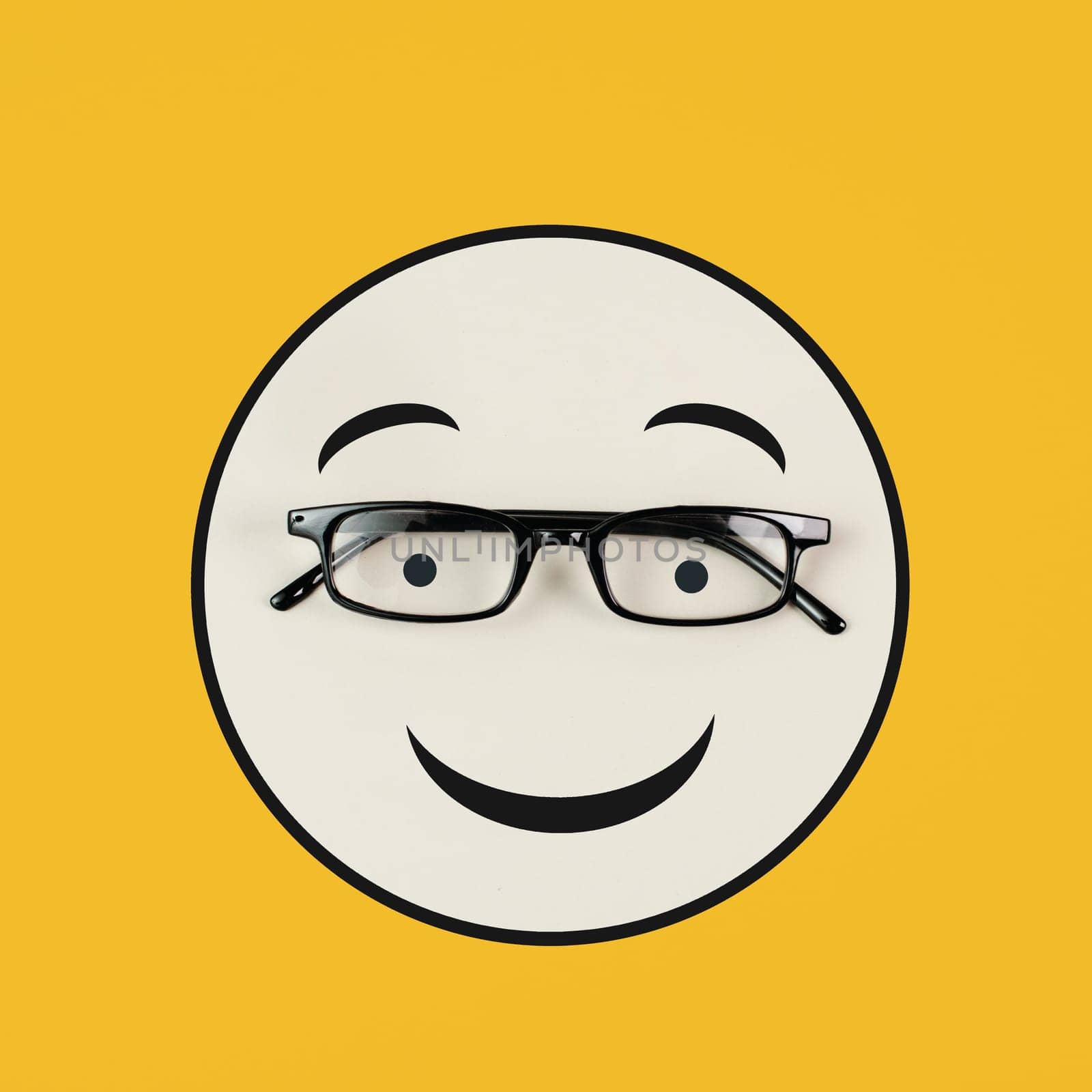 Head with a happy face and eyeglasses, mental health concept, positive mindset, support and evaluation symbol