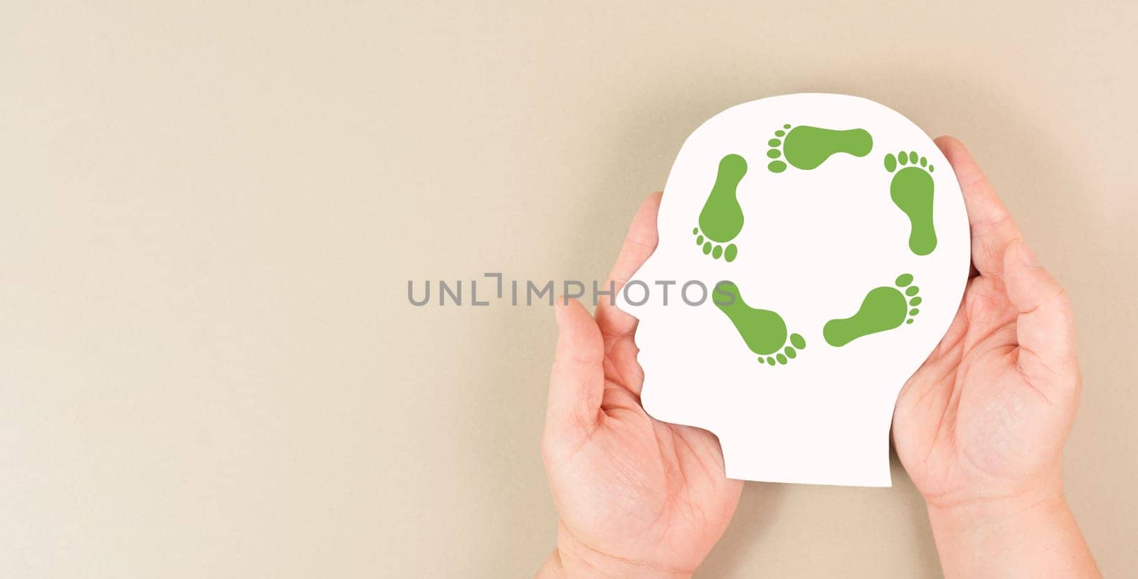 Human head with green co2 footprint, carbon emission, eco friendly lifestyle, climate change and global warming concept