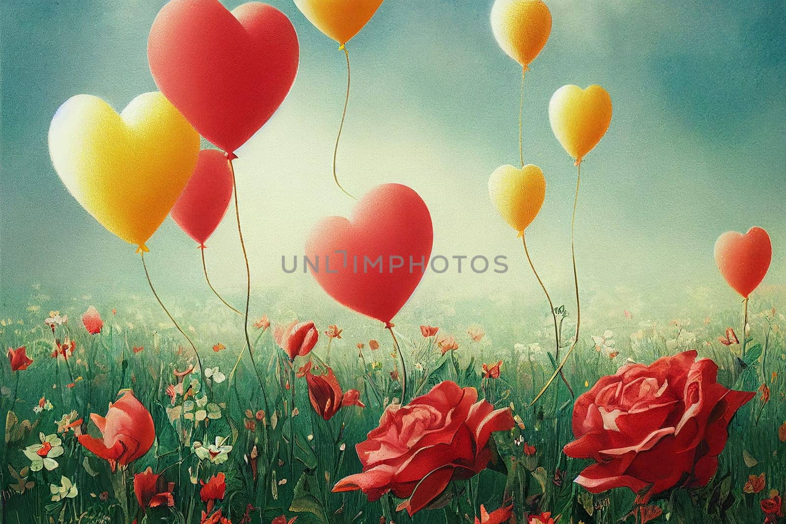 Valentine day greeting card, hearts flying over a meadow with flowers, pastel colors, love symbol, illustration