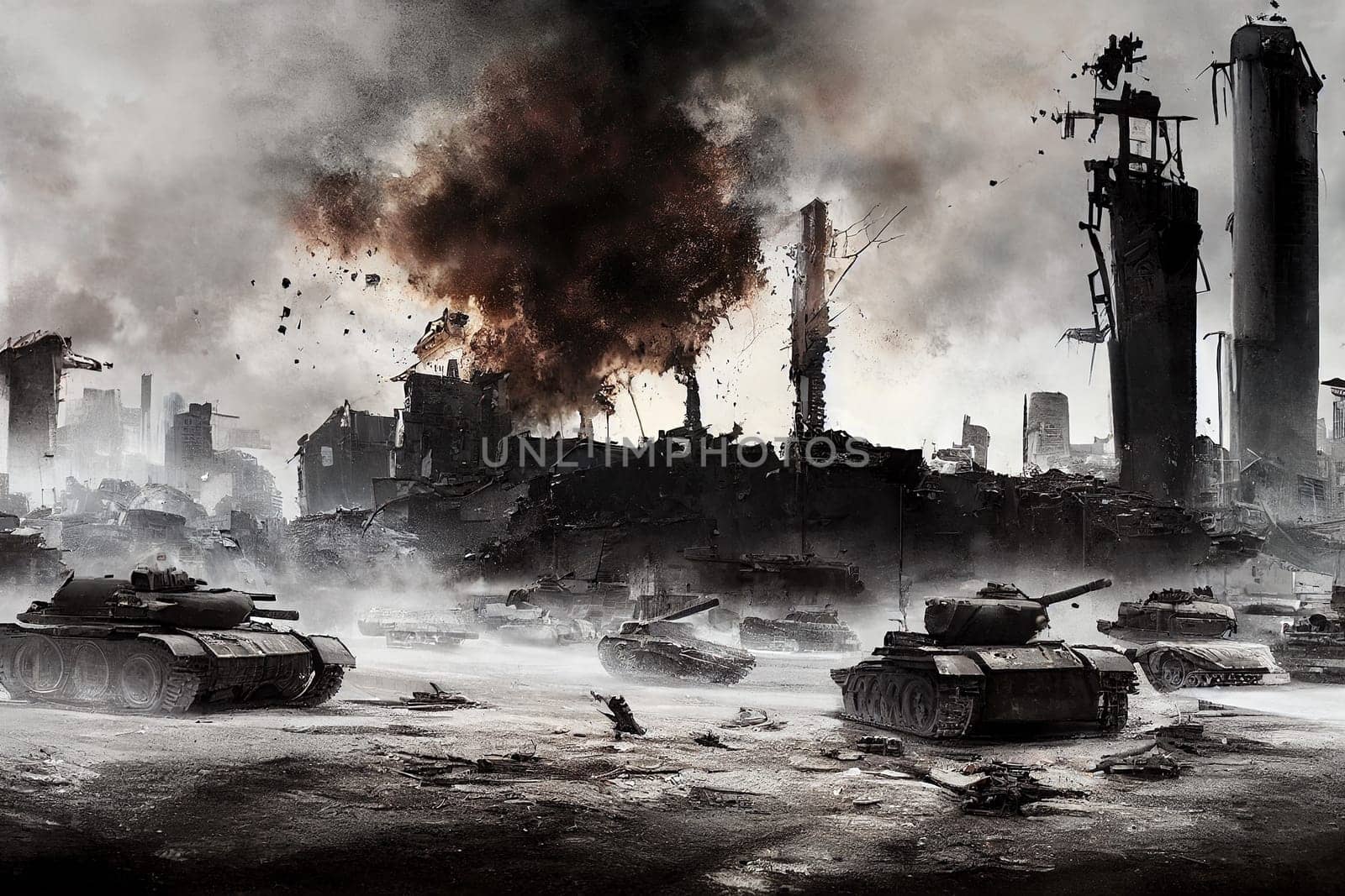 Army tanks invade to a city, war battle between enemy countries, artillery destroys infrastructure, illustration