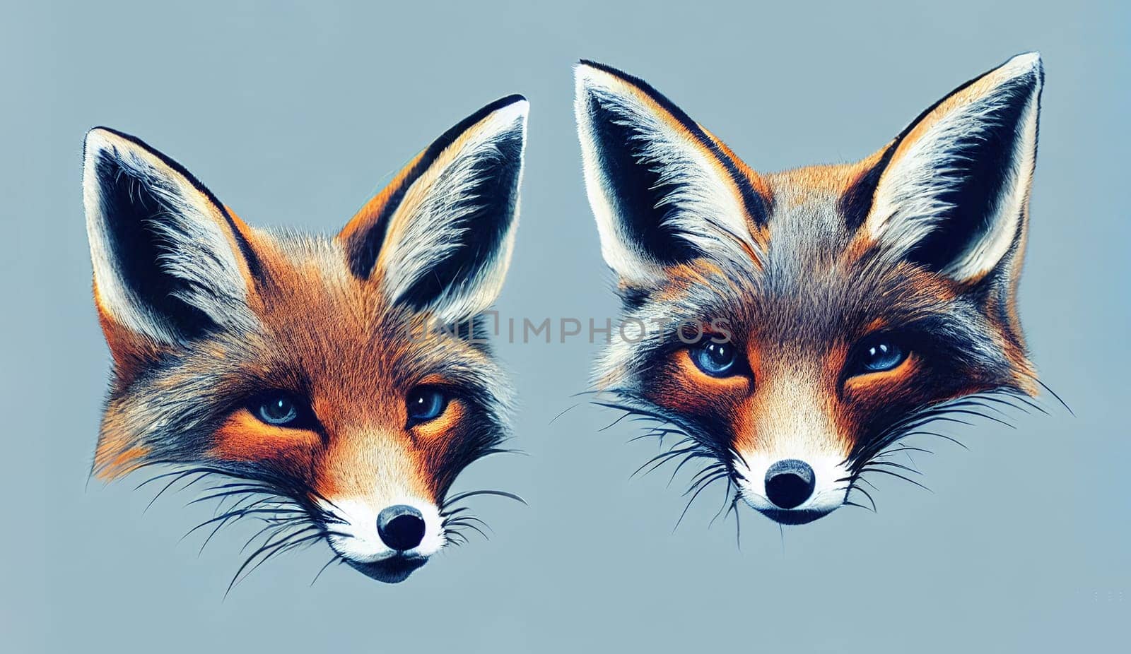 Portrait of red fox, vulpes pair, animal illustration