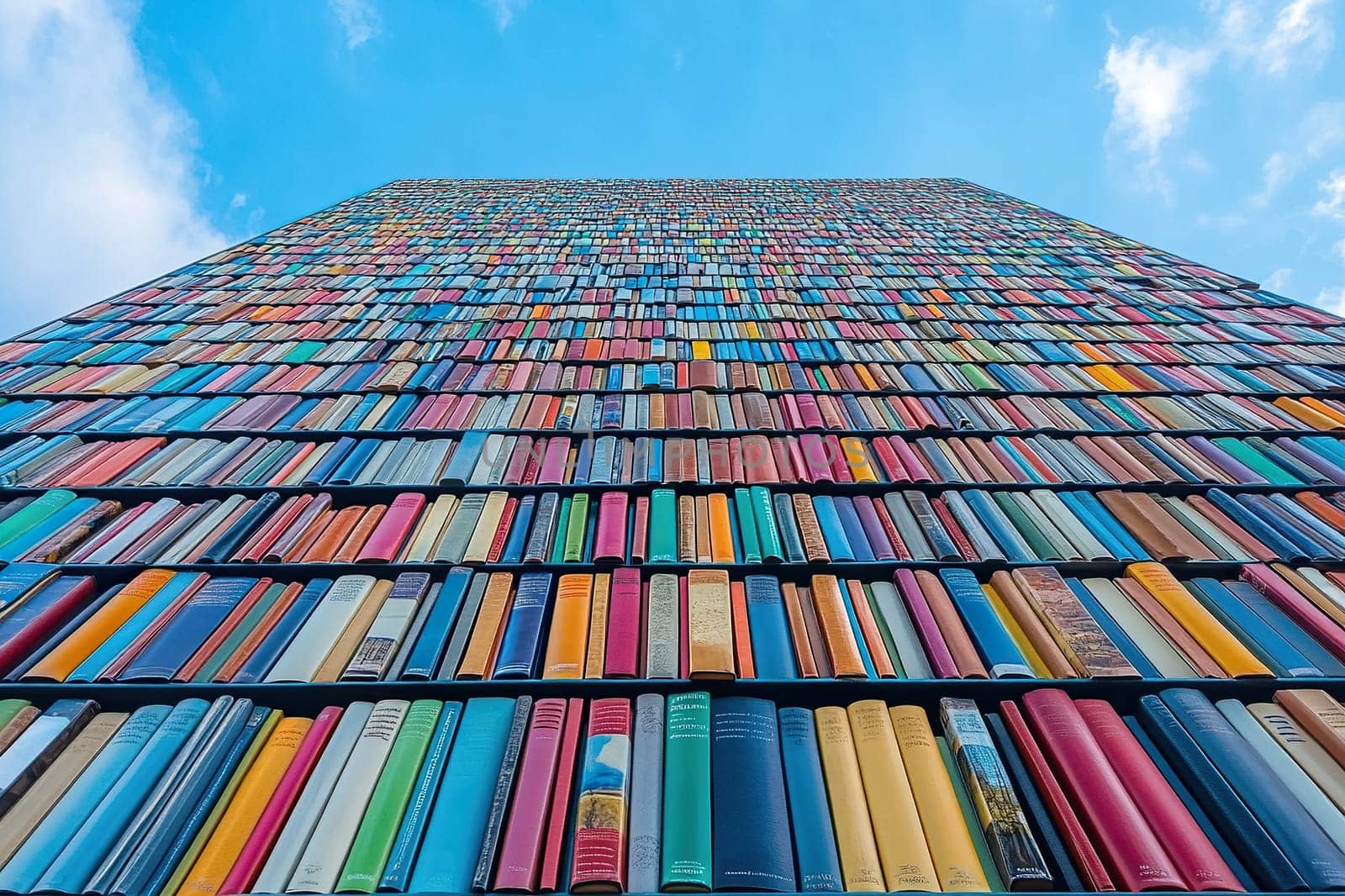 A wall of books goes high into the blue sky. Education concept.