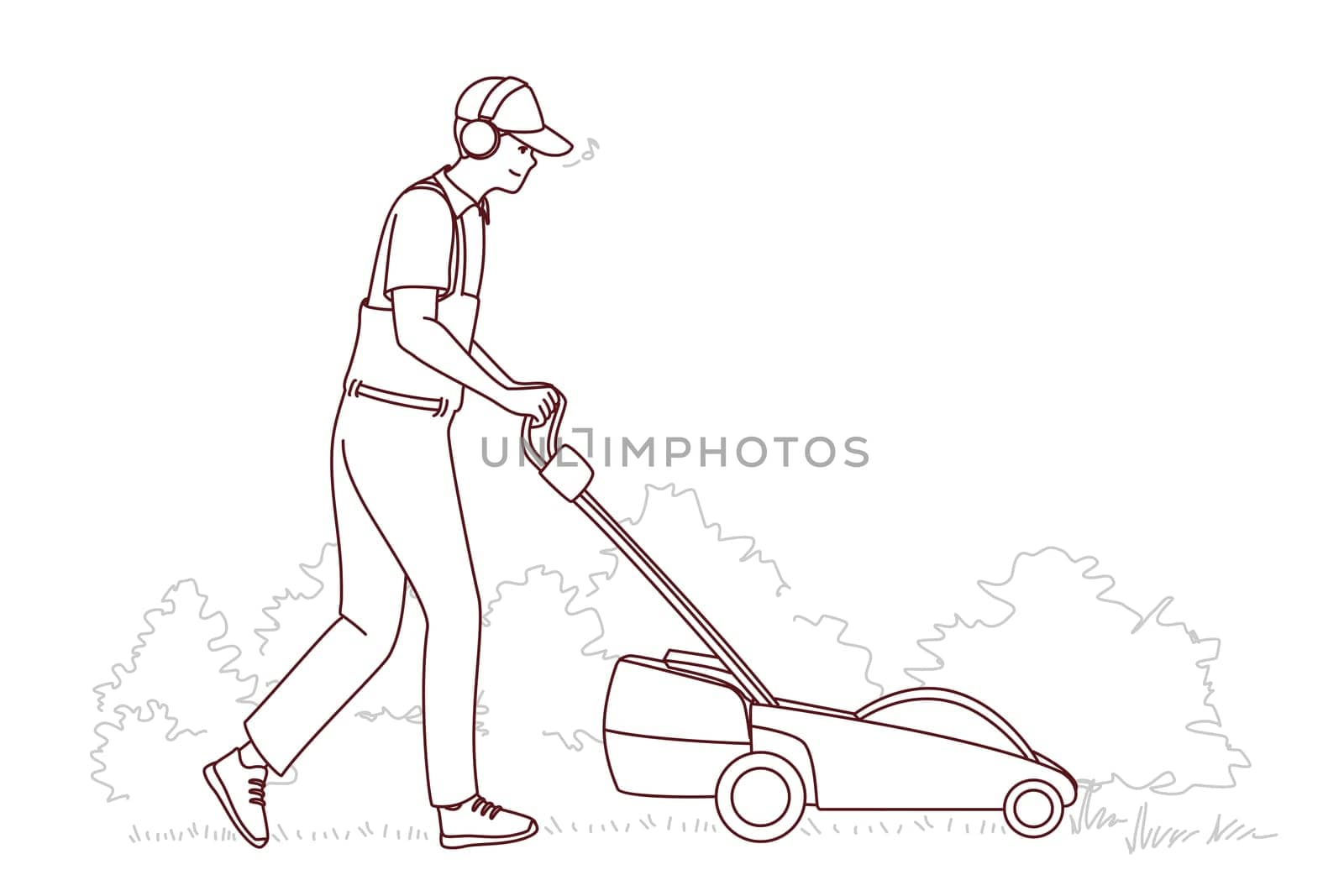 Man in uniform cut grass with electric lawn mower. Employee or worker push grass trimmer machine outdoors. Vector illustration.