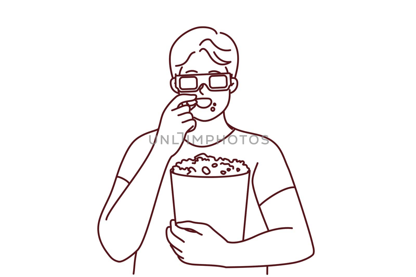 Happy young man in 3D glasses eating popcorn watching movie in cinema. Smiling male have snack enjoy film in theater on weekend. Entertainment. Vector illustration.