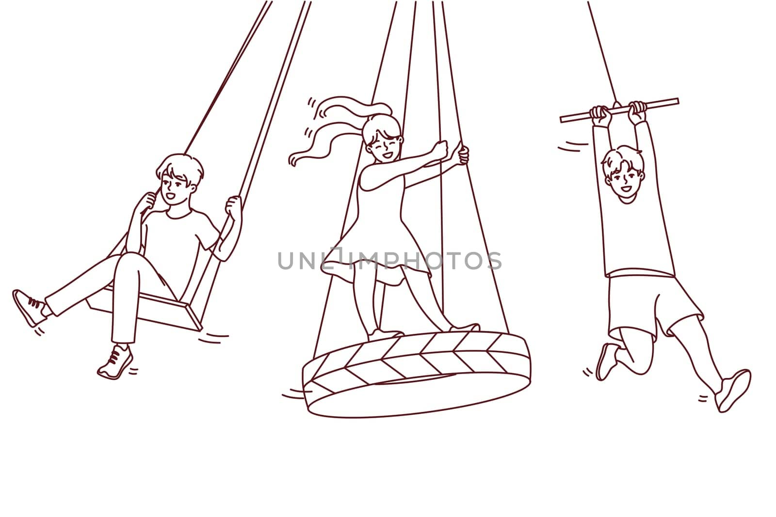 Happy children have fun riding on swings outdoors. Smiling kids enjoy summer leisure activity on street. Childhood concept. Vector illustration.