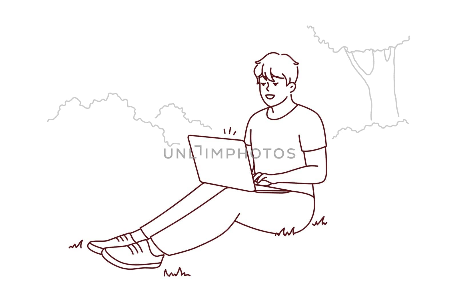 Smiling young man sit on ground in park working on laptop. Happy male freelance type on computer outdoors. Remote job or education. Vector illustration.