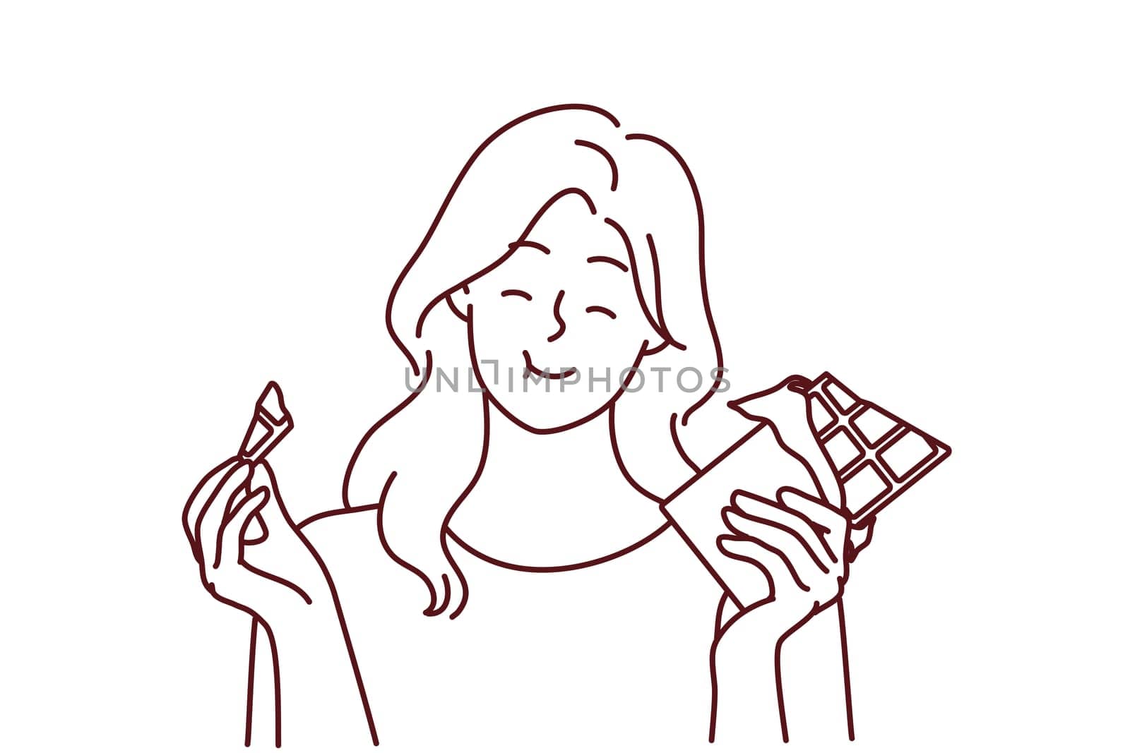 Happy young woman eating chocolate. Smiling girl feel joyful enjoy sweet bar or sugar dessert. Vector illustration.