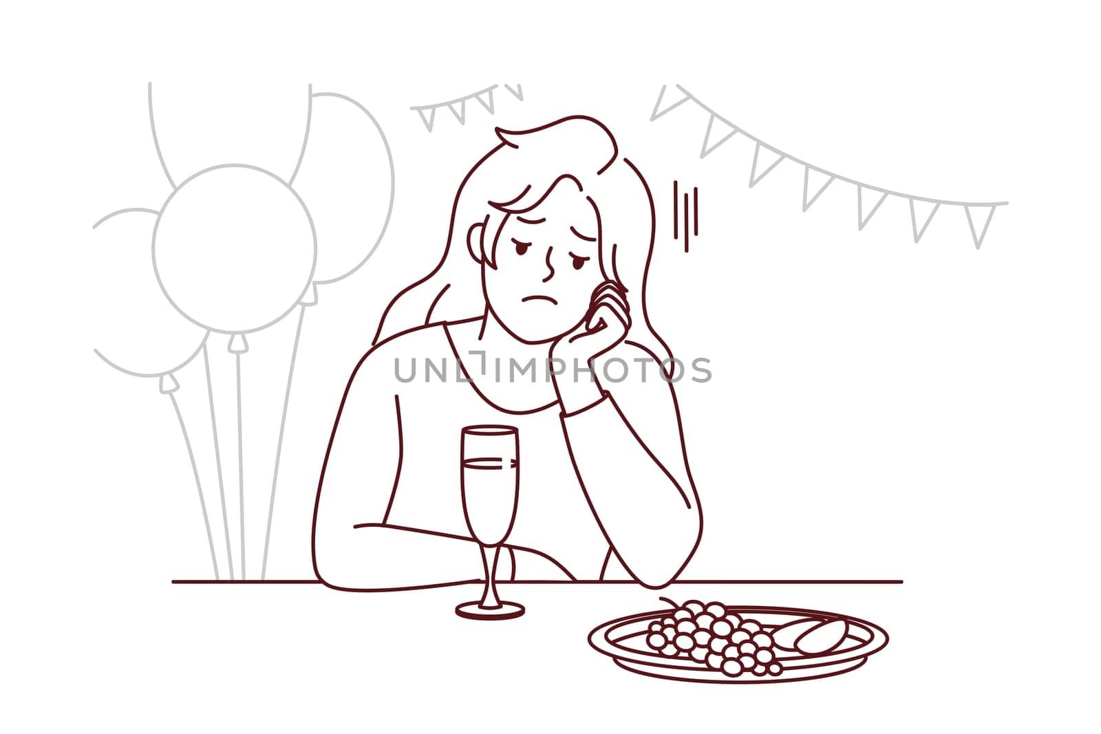 Bored young woman sit alone at party lack communication. Unhappy stressed girl feel lonely at celebration. Loneliness and solitude. Vector illustration.