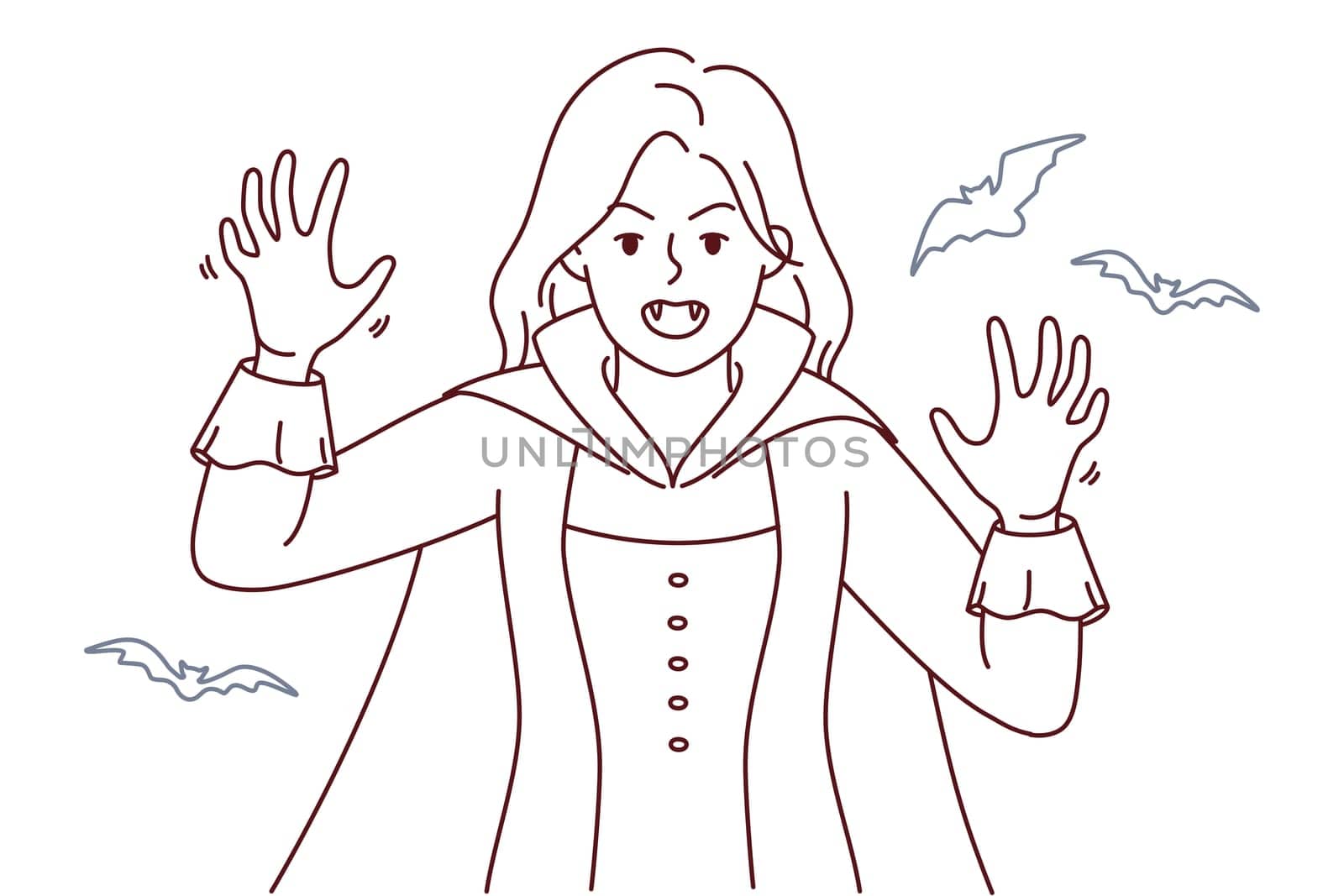 Furious young woman in Dracula costume dressed for Halloween. Mad female in suit for carnival or masquerade. Vector illustration.