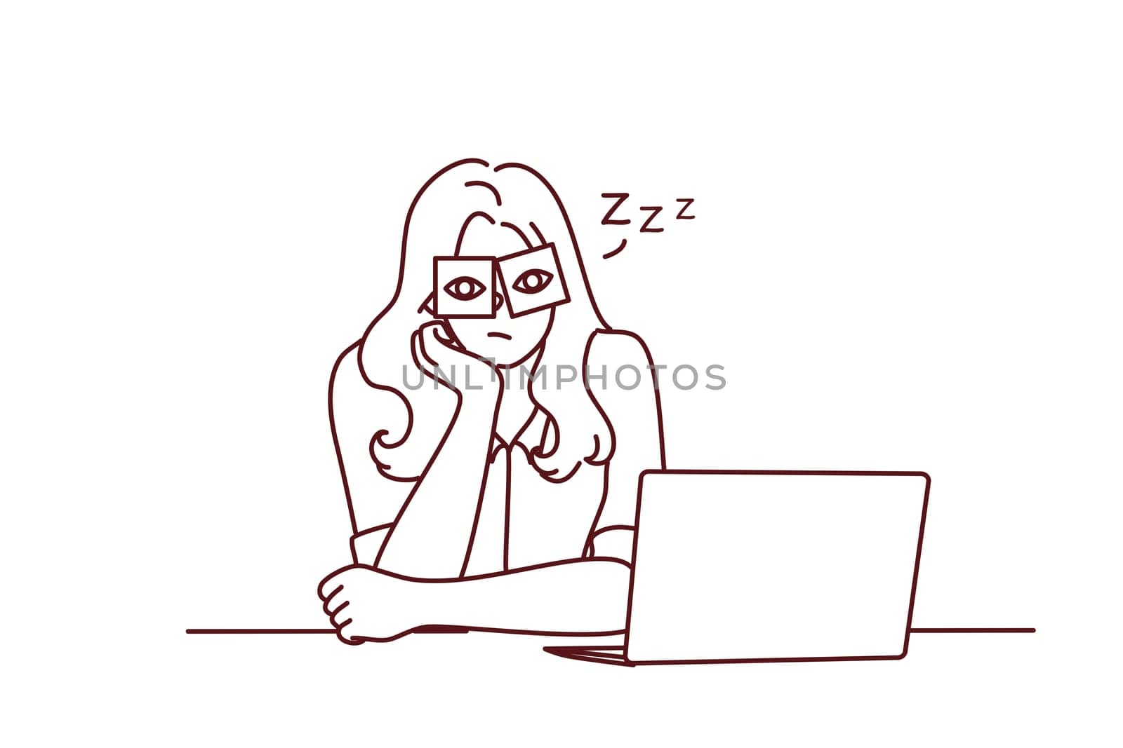 Exhausted young woman sit at desk work on computer overwhelmed with office job. Tired girl feel sleepy overwork at workplace. Fatigue concept. Vector illustration.