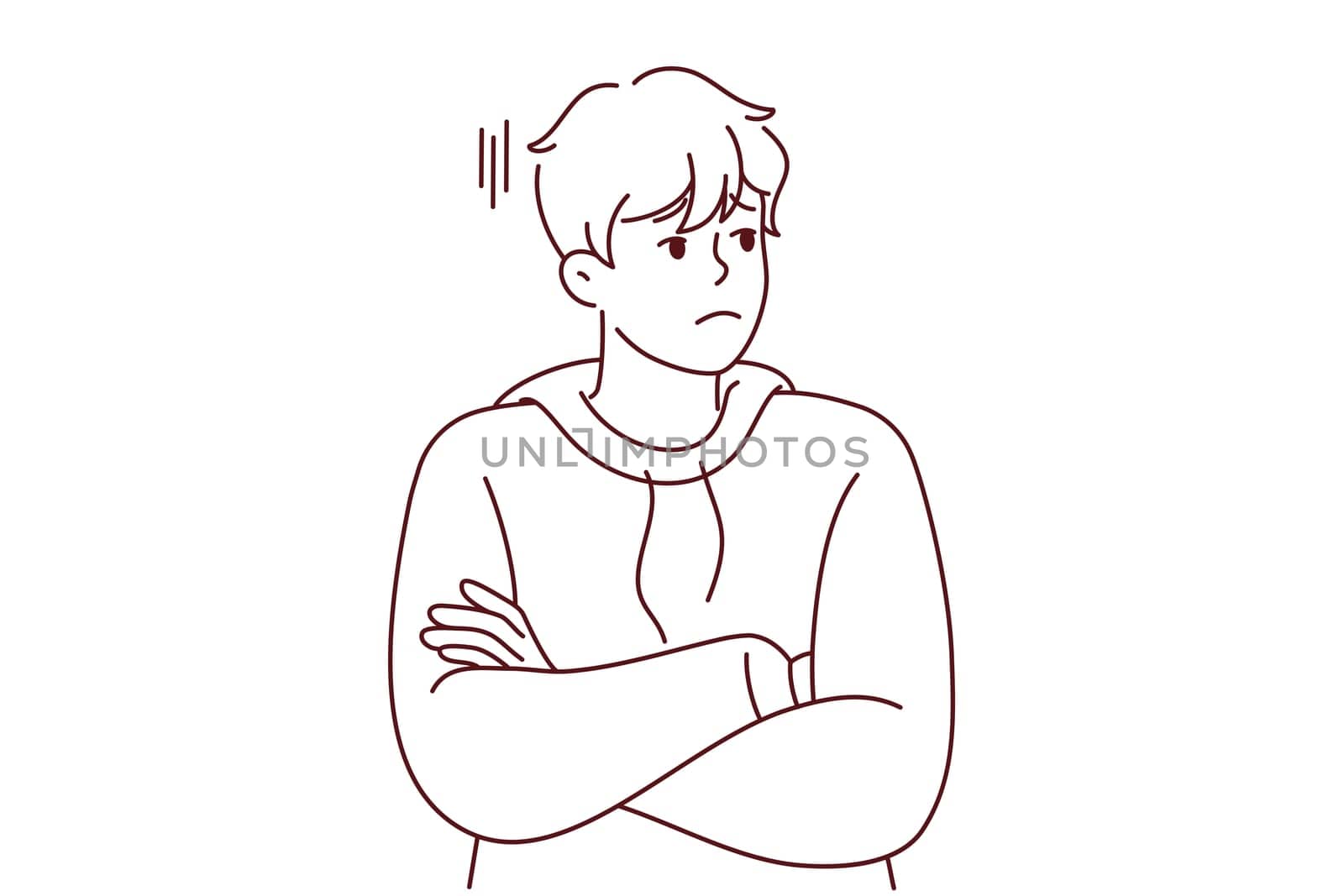 Unhappy young man look aside feeling bored and distressed. Upset millennial guy unsatisfied with news or situation. Stress and loneliness. Vector illustration.