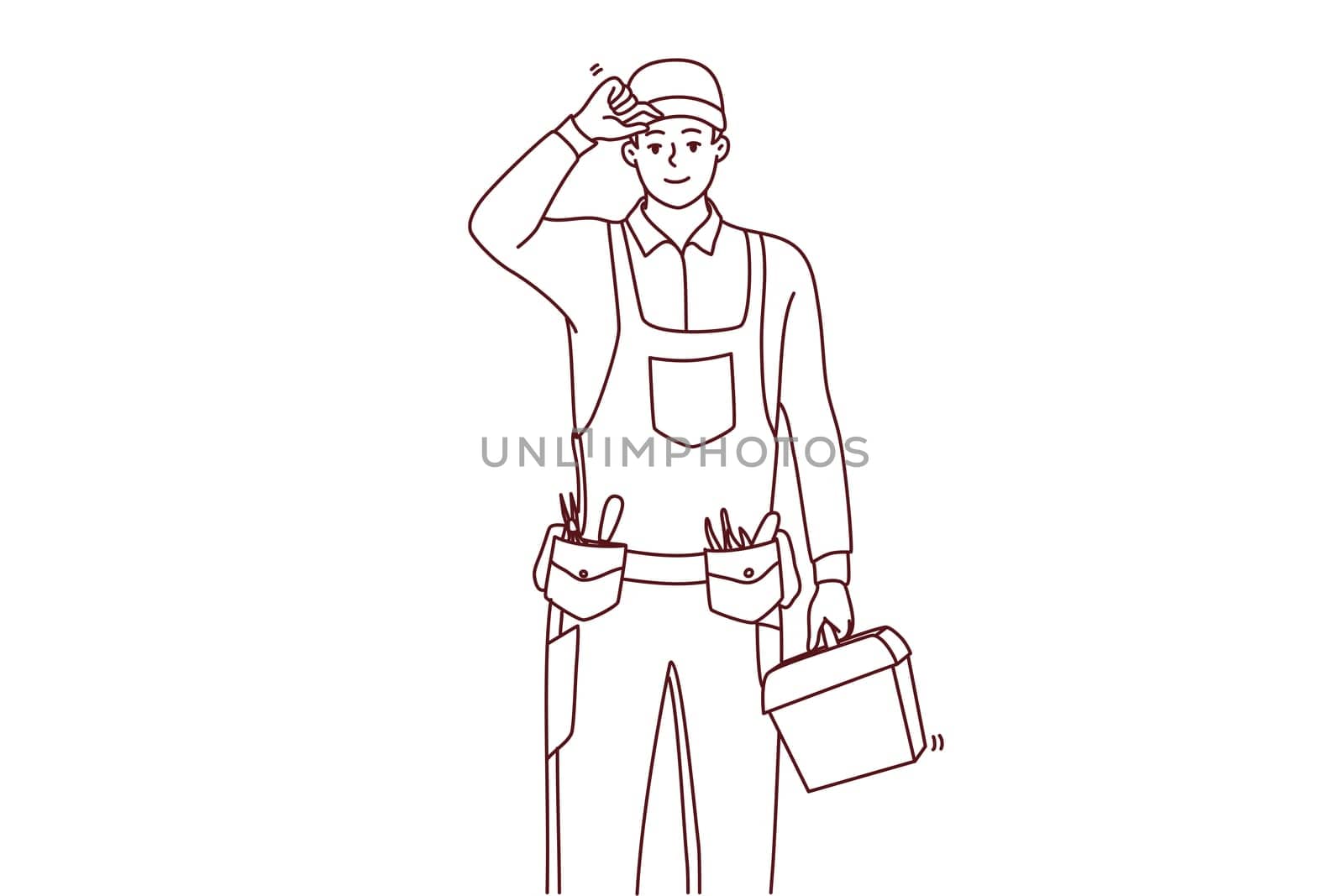 Smiling young maintenance worker in uniform with tools in hands. Happy male repairman or mechanic with box of instruments and equipment. Vector illustration.