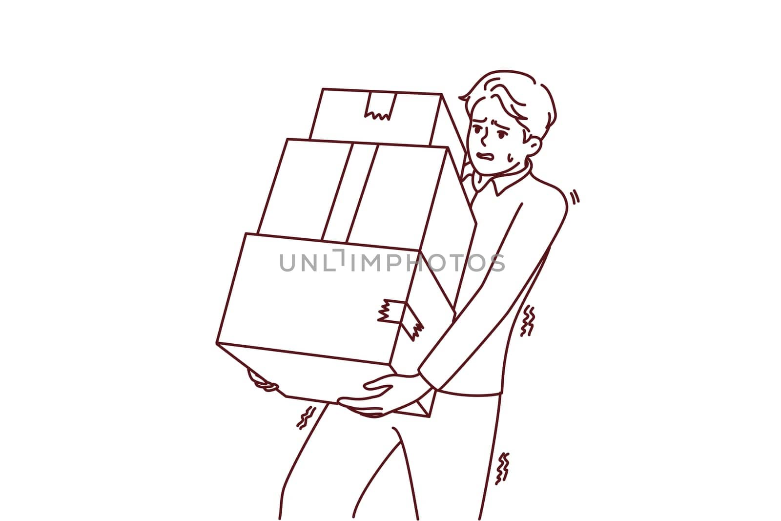 Tired young man carrying stack of boxes. Exhausted male carrier with pile of cardboard packages. Delivery concept. Vector illustration.