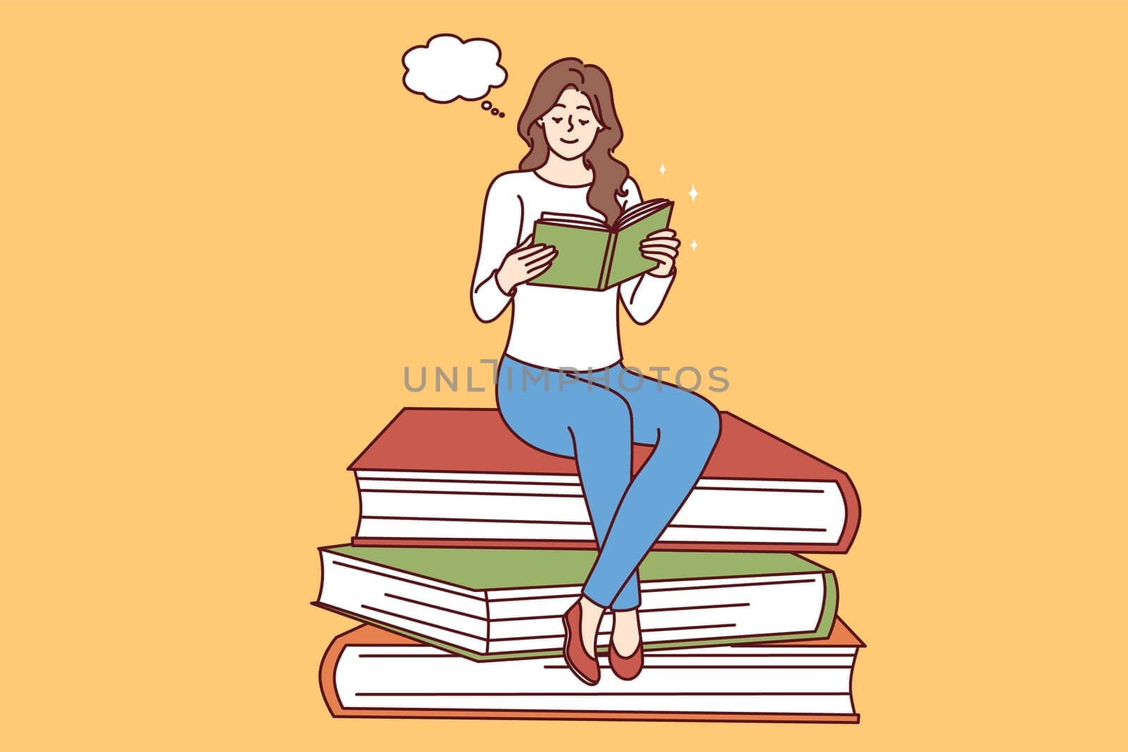 Smiling young woman sitting on pile of huge books reading. Happy girl enjoy literature visualizing or imagining. Education and hobby. Vector illustration.