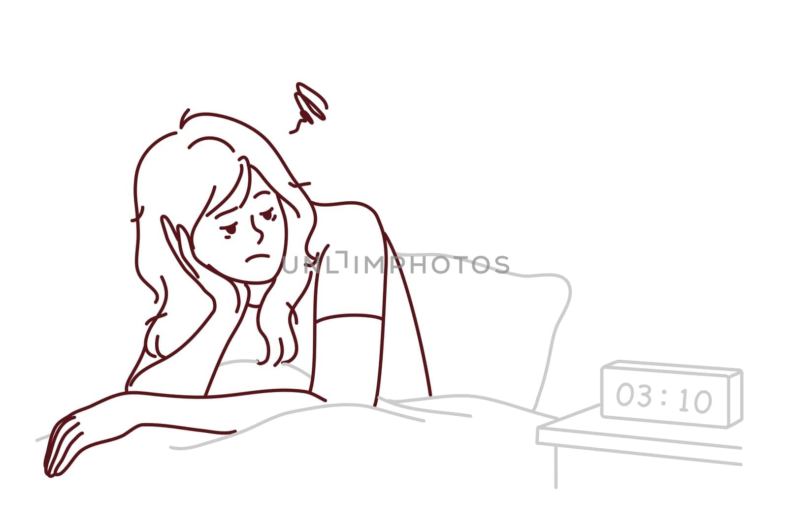 Tired woman sit in bed look at alarm ringing suffer from fatigue and exhaustion. Exhausted female struggle with insomnia unable to sleep at night. Vector illustration.